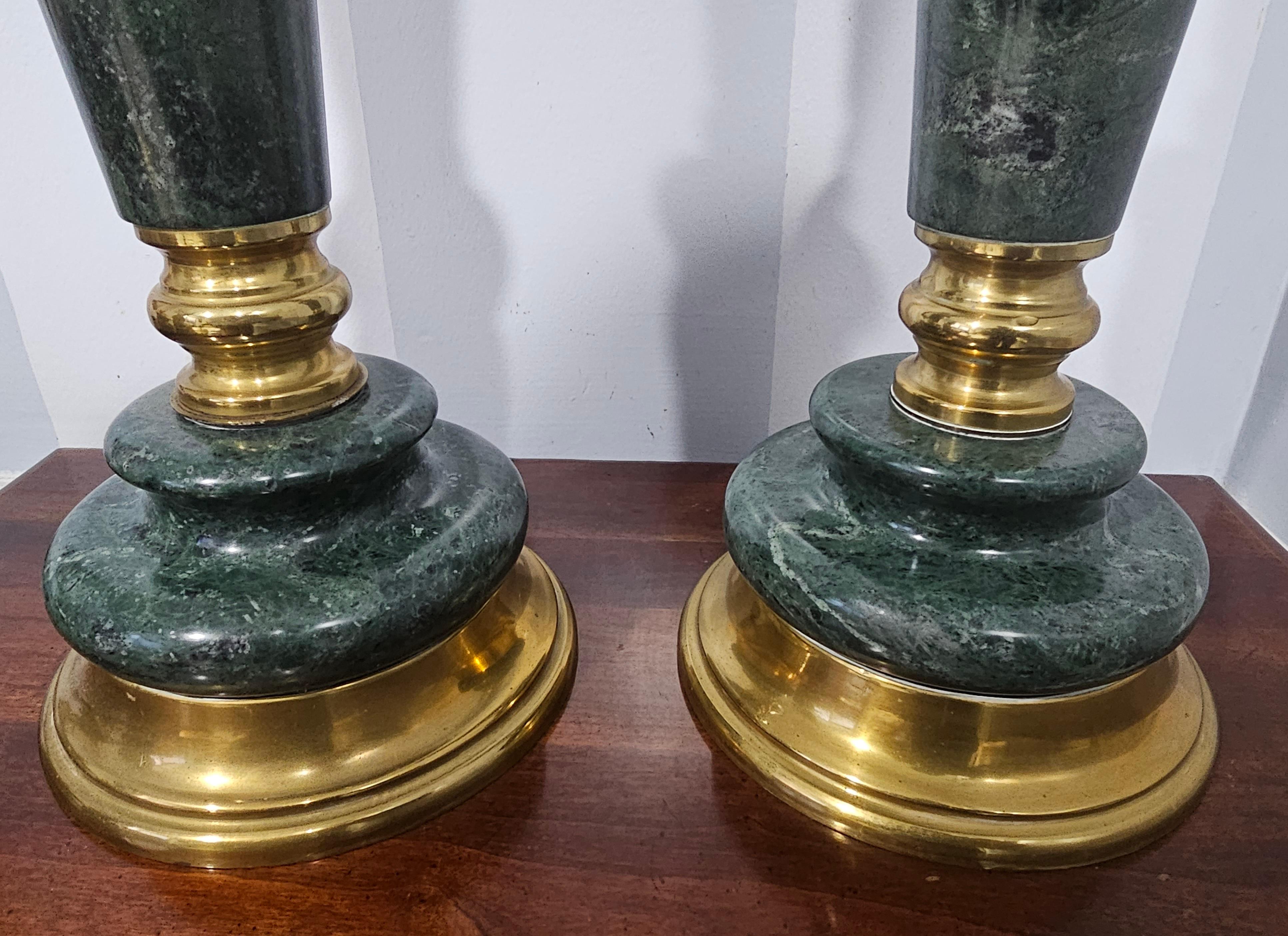 A cute pair of green marble and brass chinoiserie style table lamps attributed to Marbro Lamp Company of California.
Very good vintage condition
 Measures 6.75