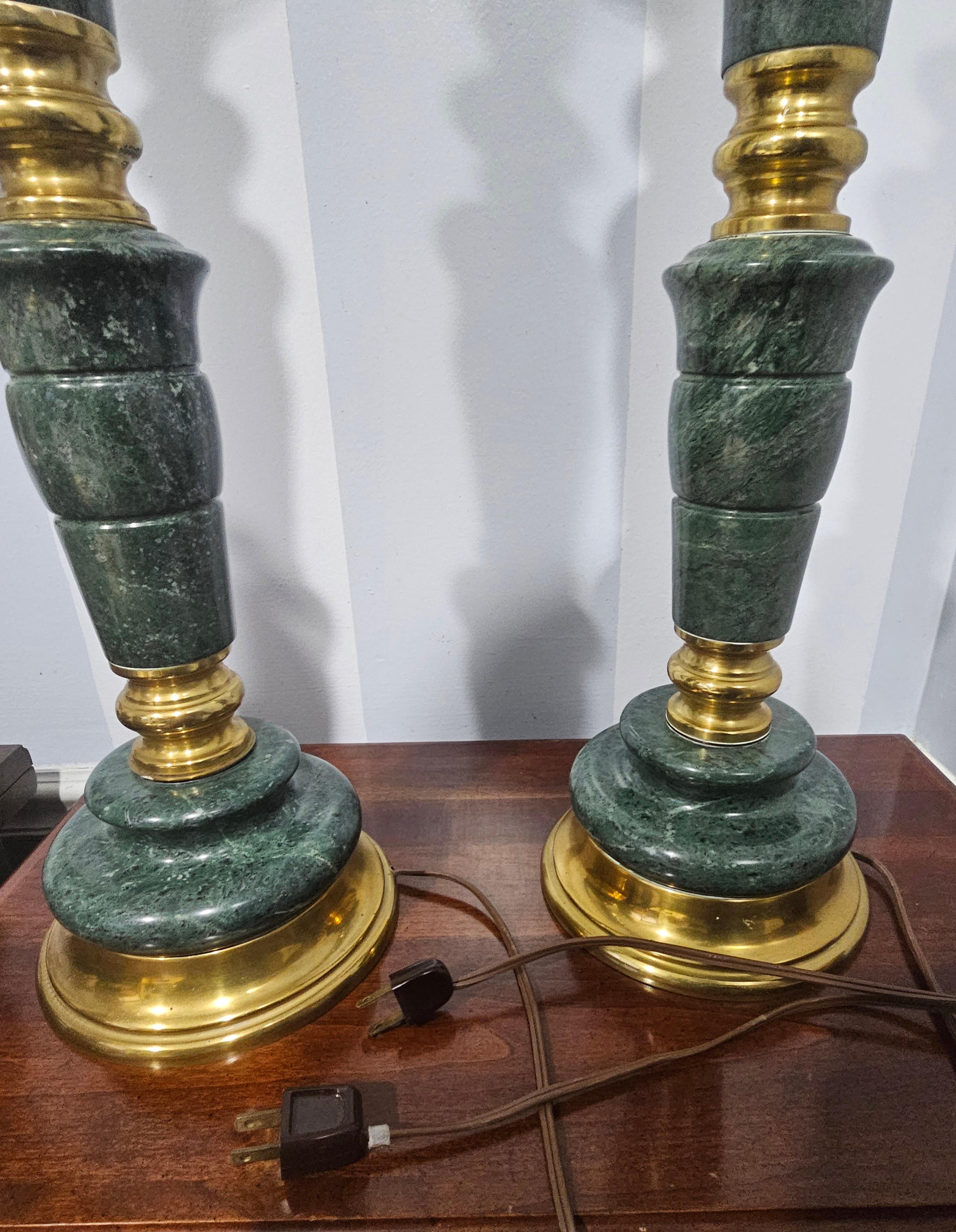 Chinoiserie Pair of Mid-Century Marbro Asian Style Green Marble and Brass Table Lamps For Sale