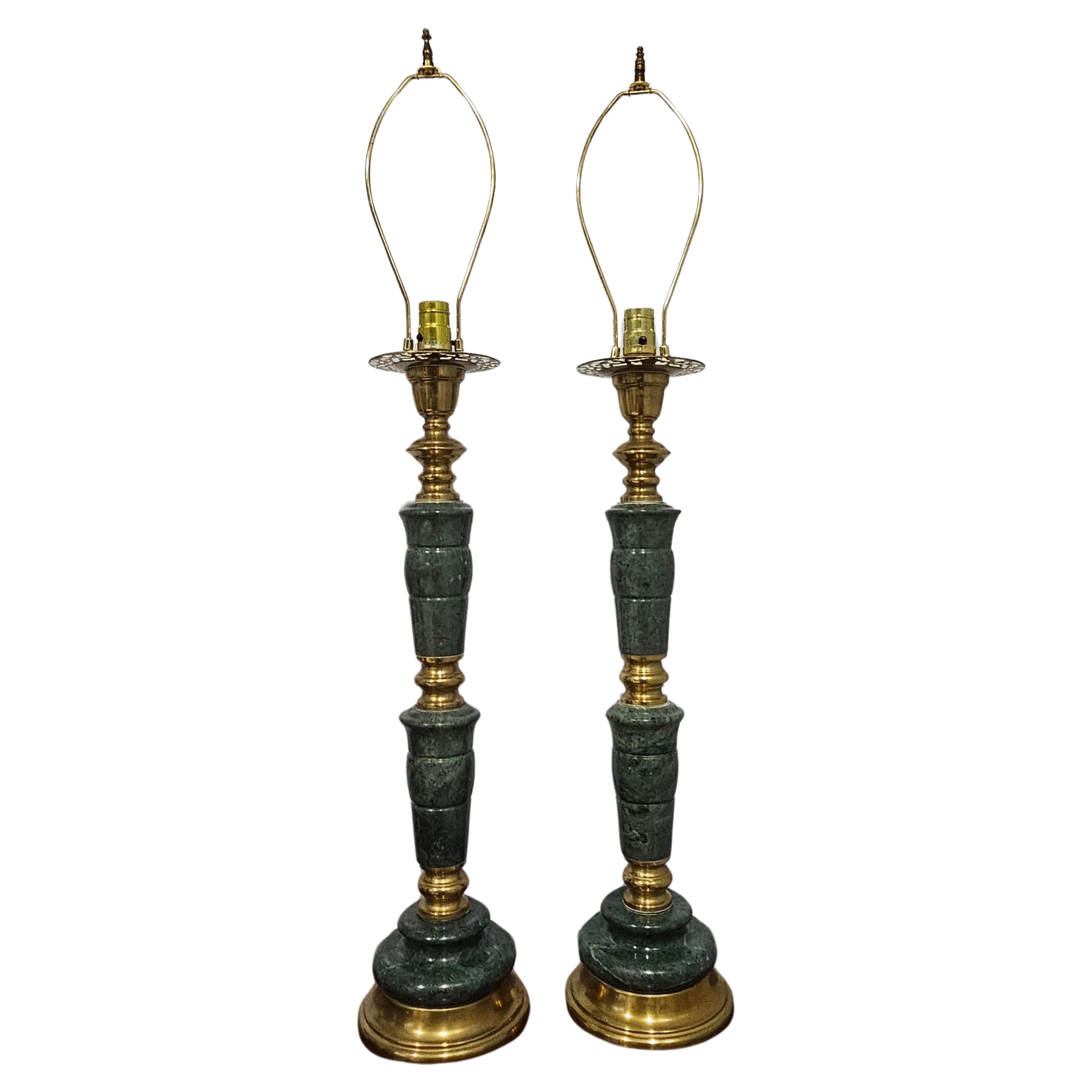 Pair of Mid-Century Marbro Asian Style Green Marble and Brass Table Lamps For Sale