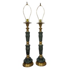 Antique Pair of Mid-Century Marbro Asian Style Green Marble and Brass Table Lamps
