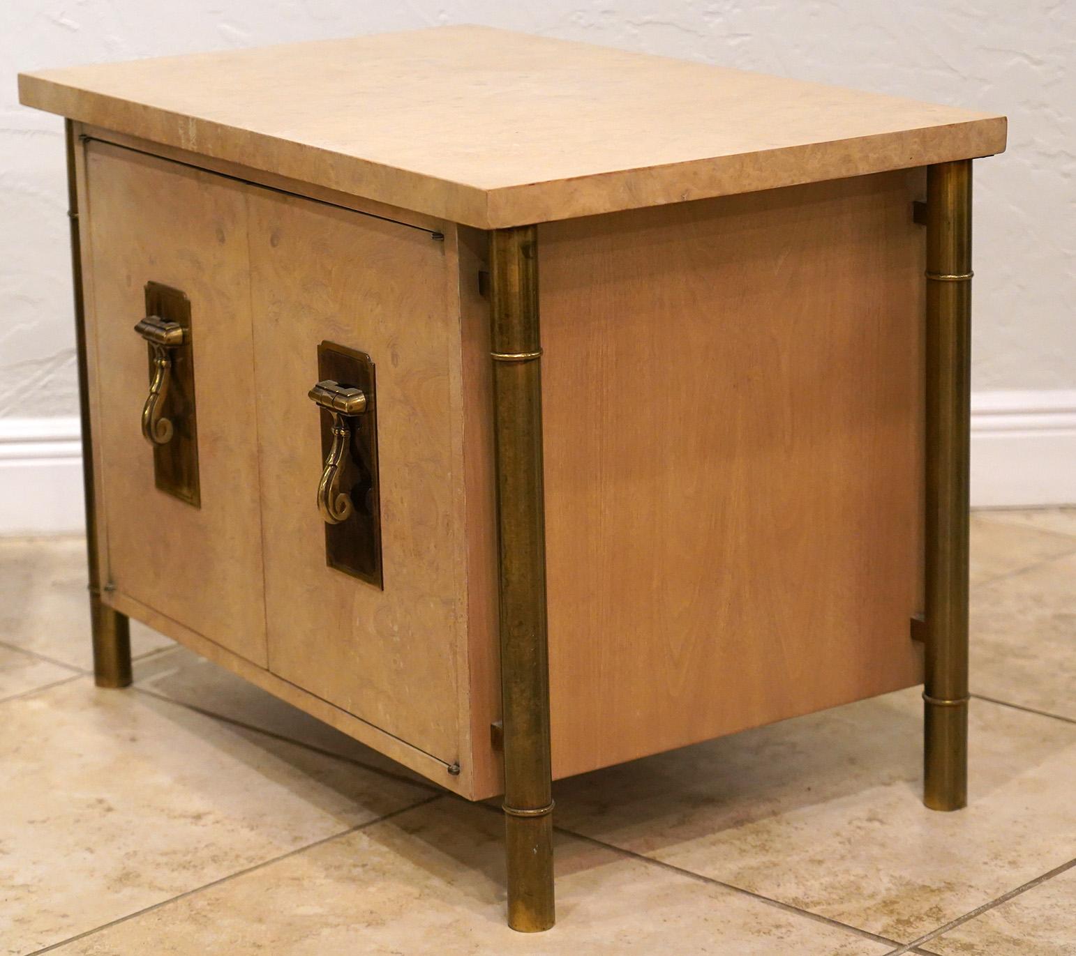 Pair of Mid Century Mastercraft Burled Wood and Brass Night Stands or Cabinets In Good Condition In Ft. Lauderdale, FL