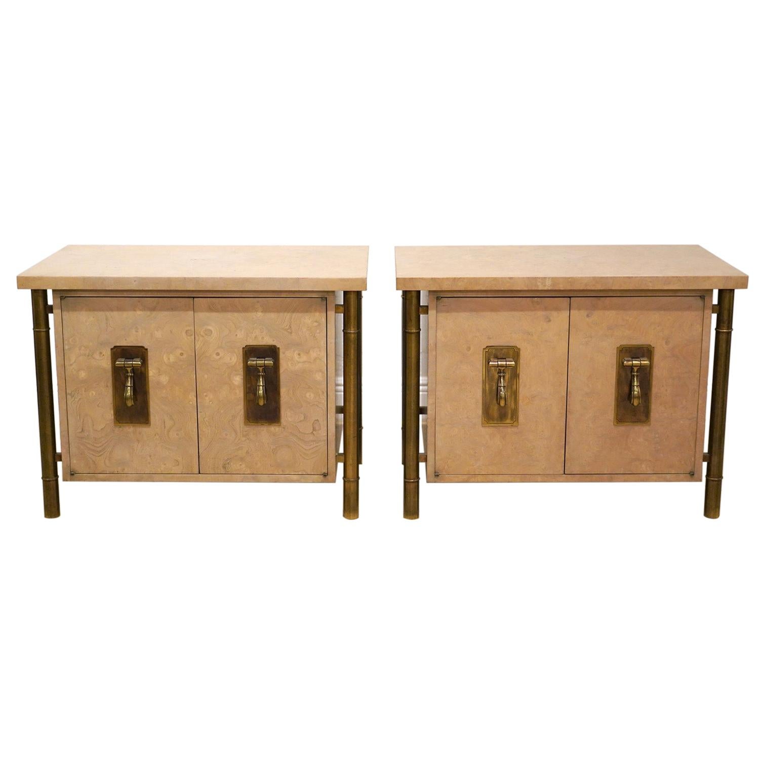 Pair of Mid Century Mastercraft Burled Wood and Brass Night Stands or Cabinets