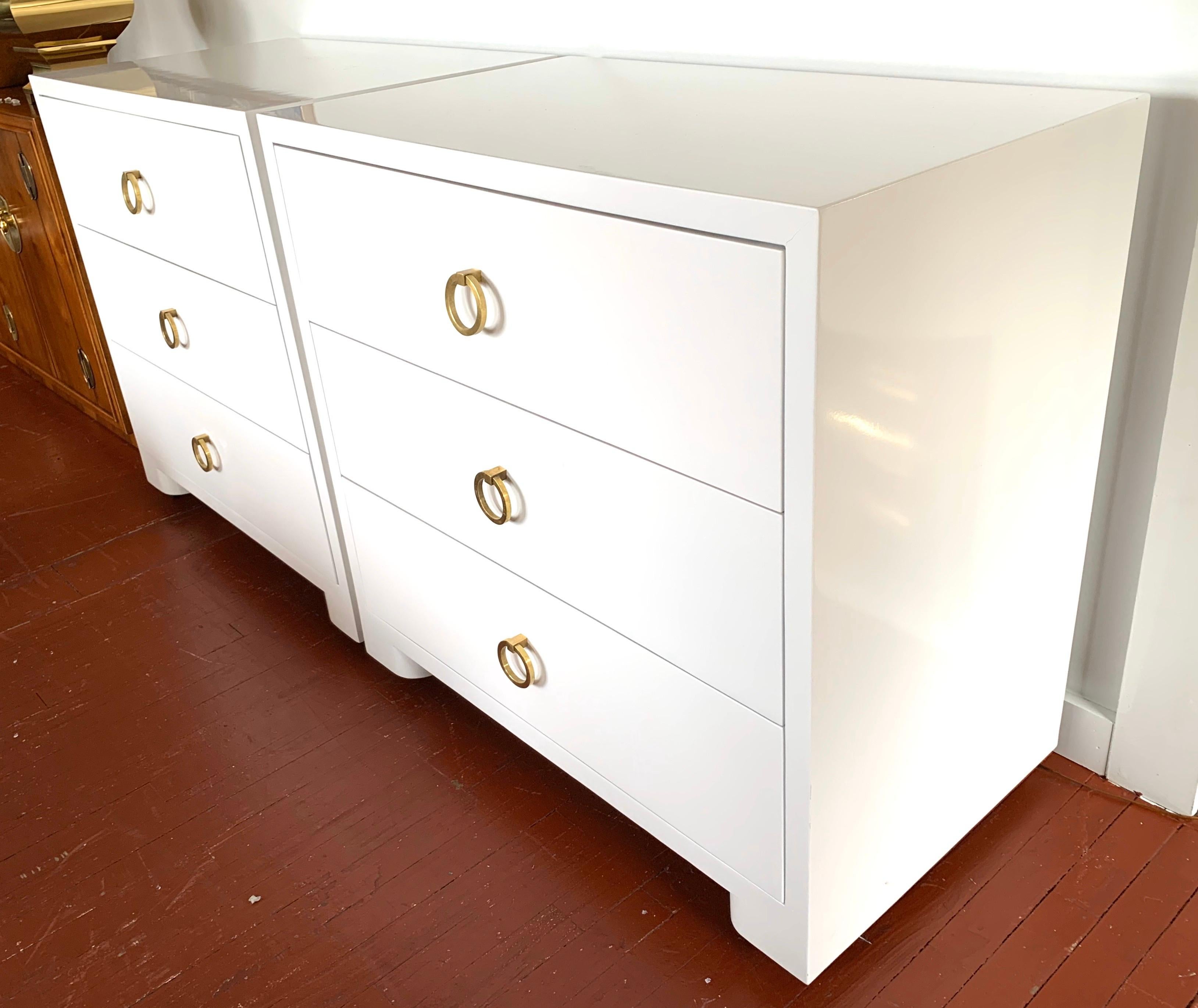 Brass Pair of Midcentury Matching Newly Lacquered in White Chests on Casters