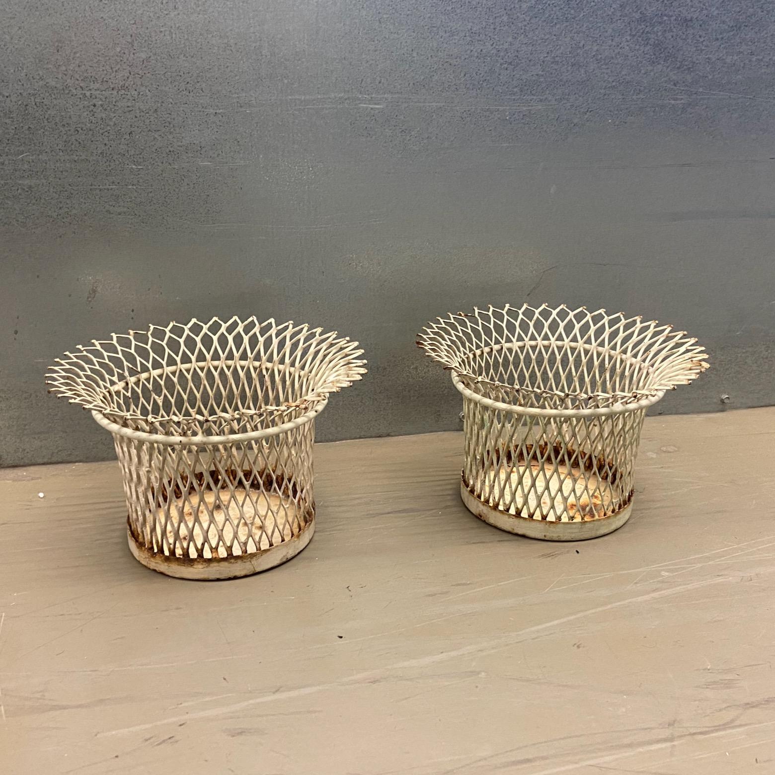Mid-Century Modern 1950's Mathieu Mategot circular planters, white lacquered mesh, pair available For Sale