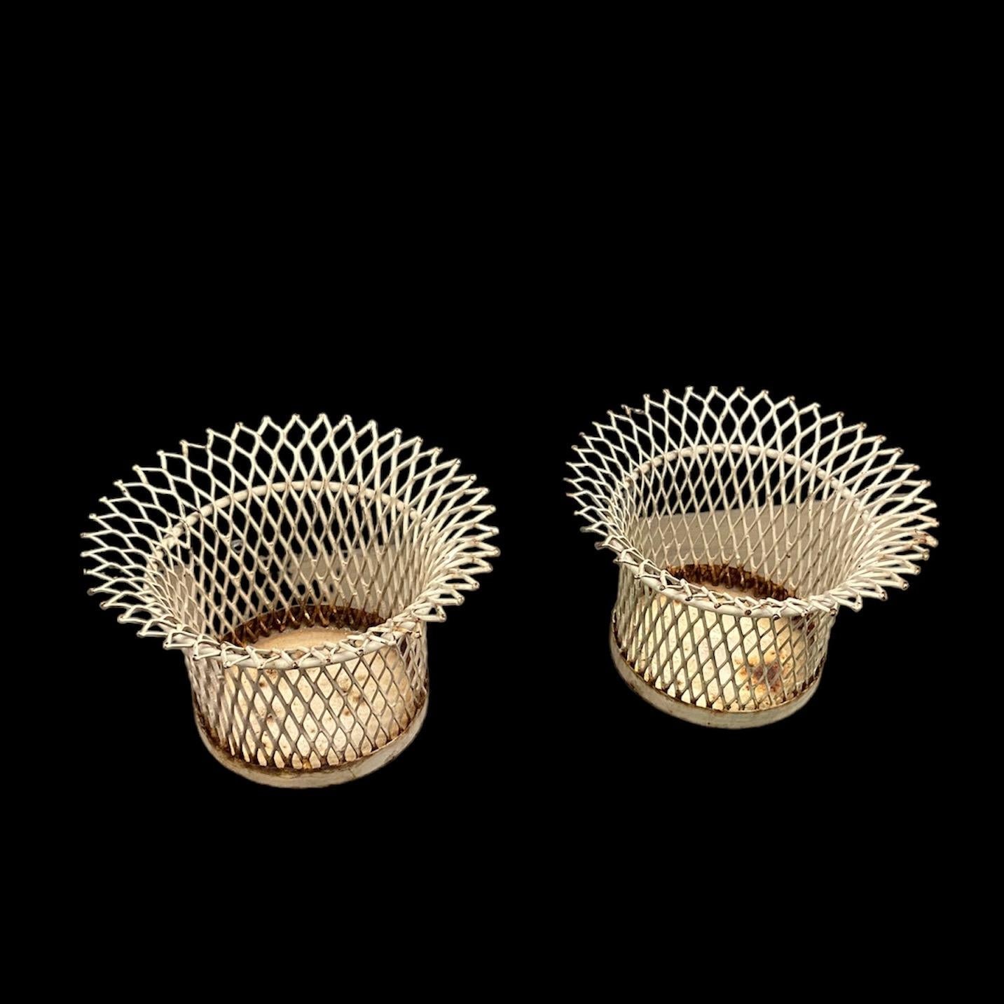 Lacquered 1950's Mathieu Mategot circular planters, white lacquered mesh, pair available For Sale