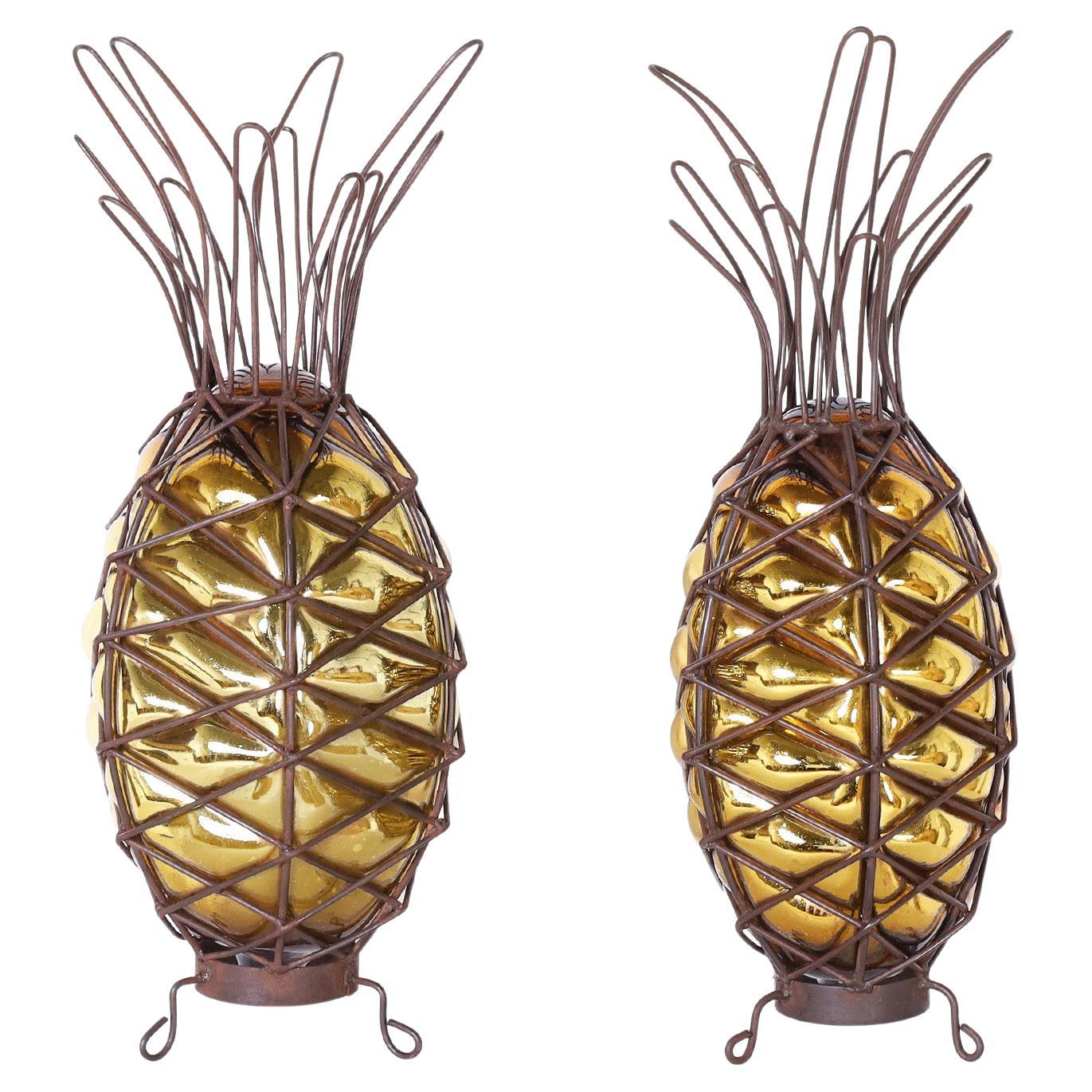 Pair of Mid-Century Metal and Glass Pineapples