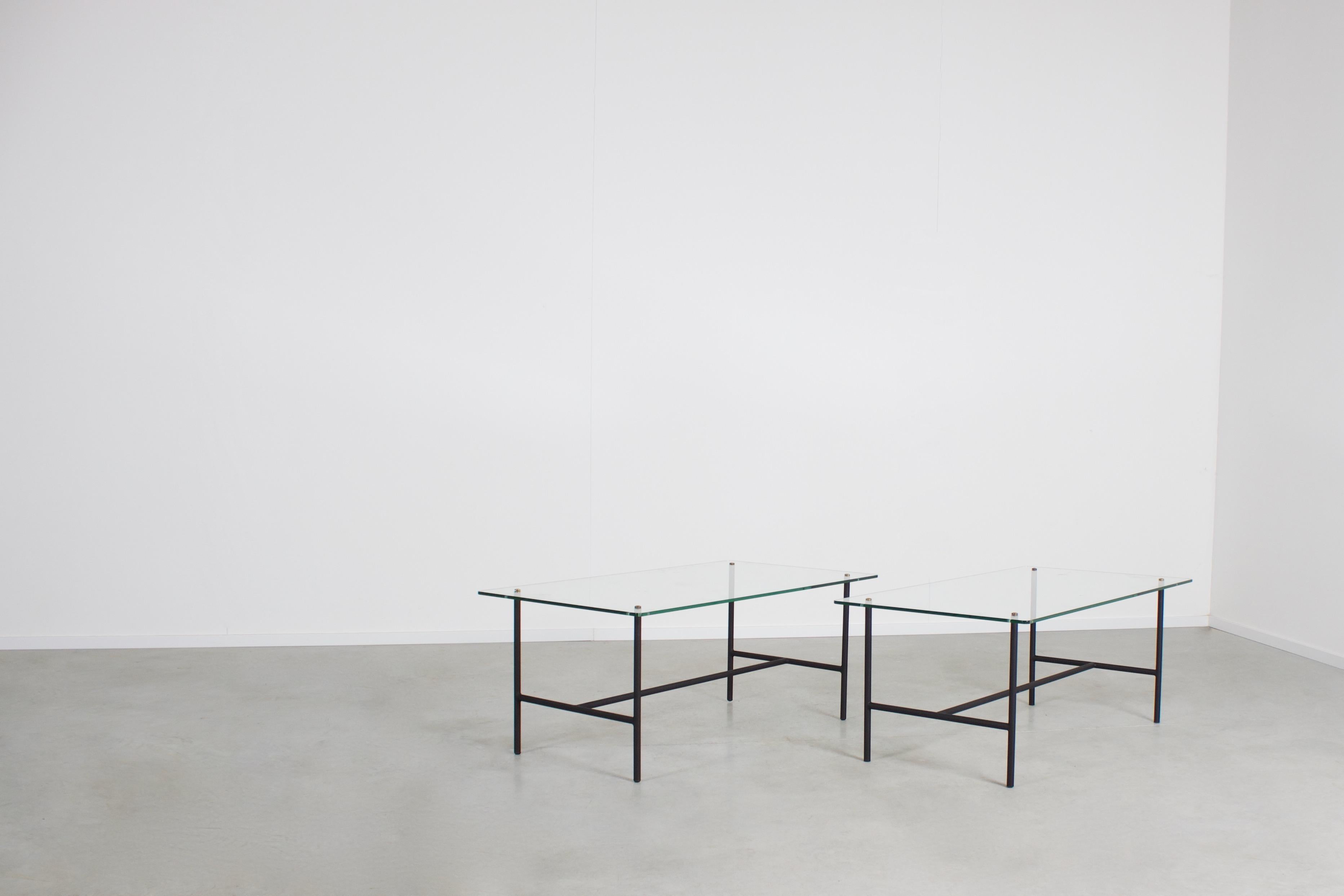 Mid-Century Modern Pair of Midcentury Metal and Glass Tables by Pierre Guariche, France, 1950s
