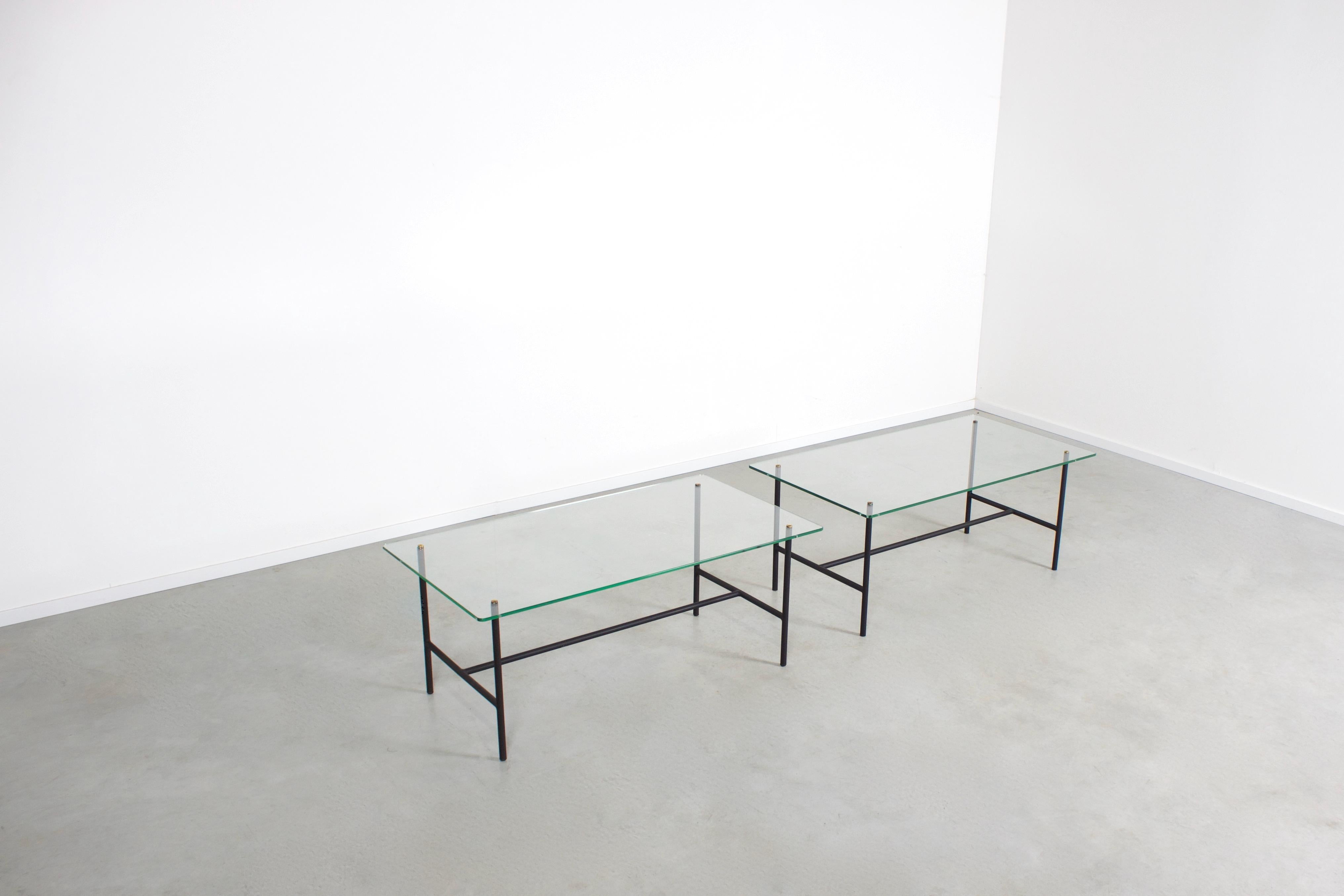 French Pair of Midcentury Metal and Glass Tables by Pierre Guariche, France, 1950s