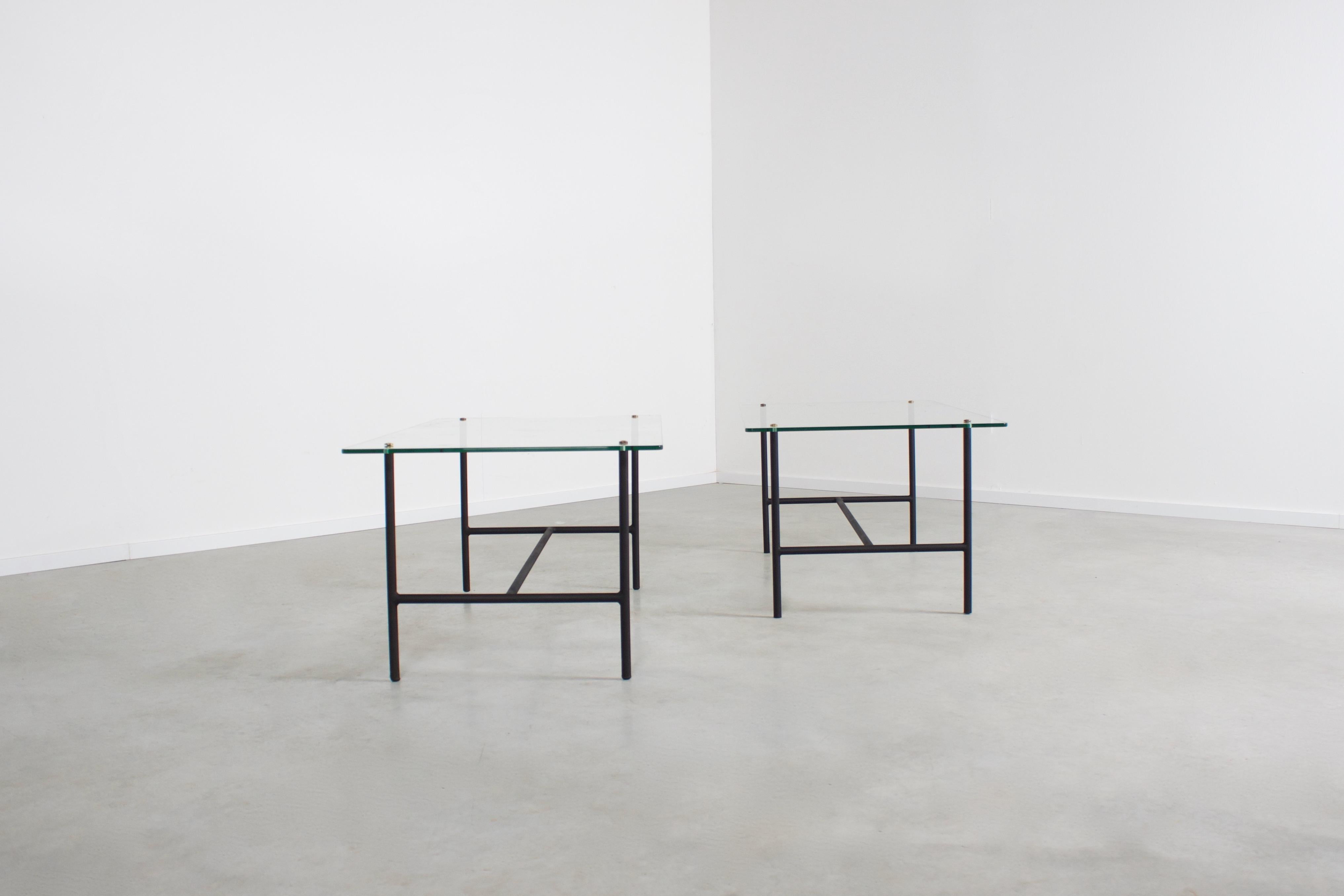 Lacquered Pair of Midcentury Metal and Glass Tables by Pierre Guariche, France, 1950s
