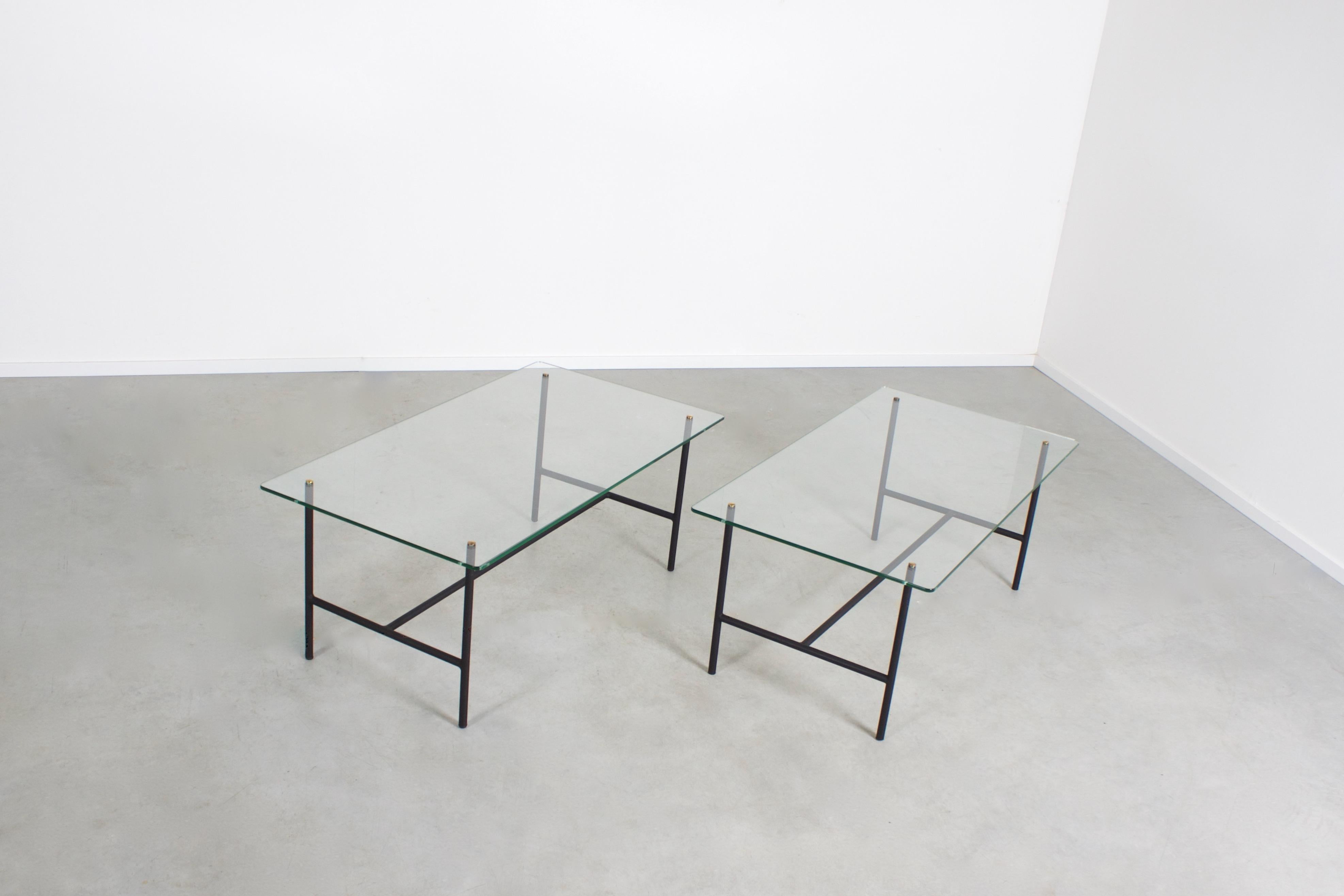 Pair of Midcentury Metal and Glass Tables by Pierre Guariche, France, 1950s In Excellent Condition In Echt, NL
