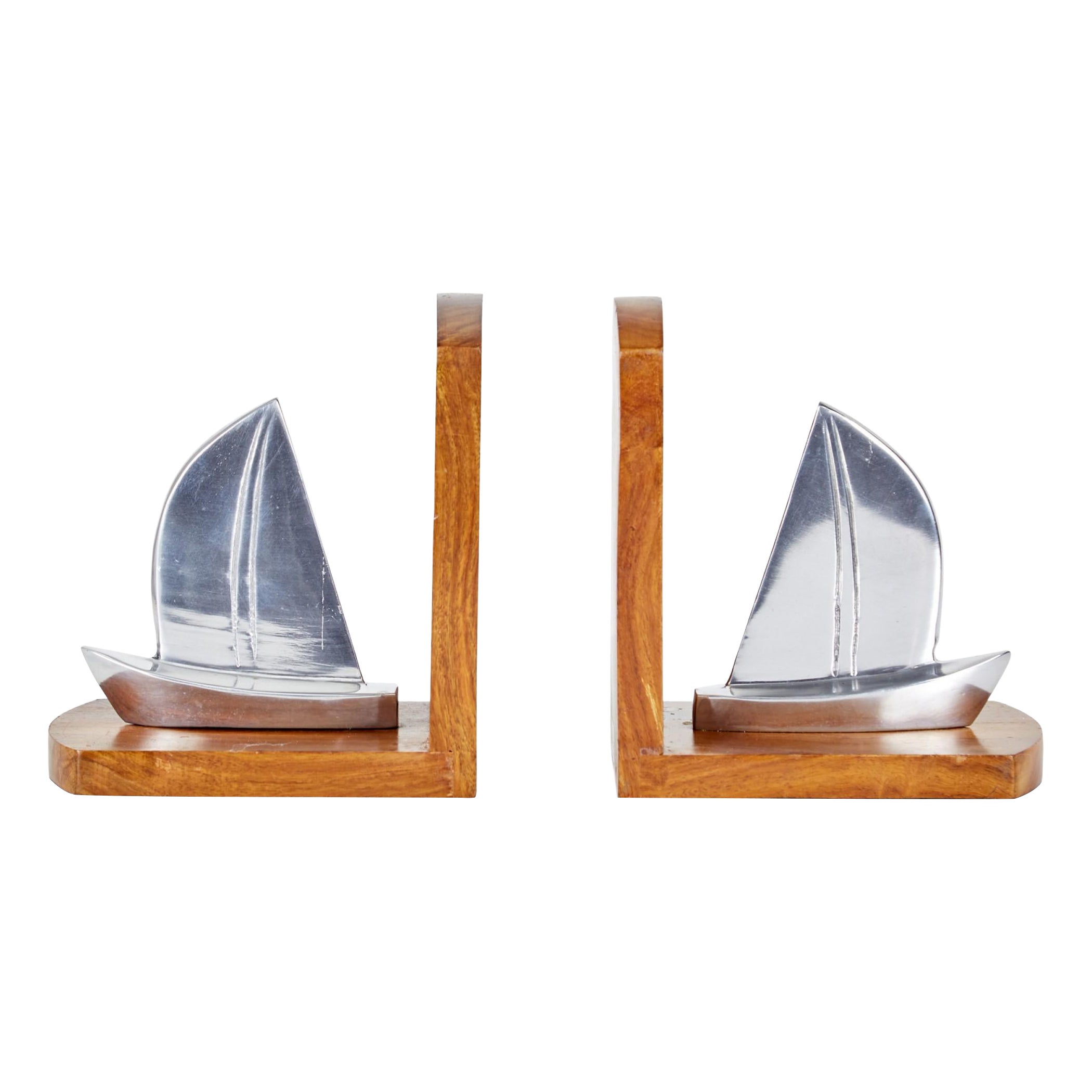 Pair of Mid-Century Metal and Wood Sailboat Bookends