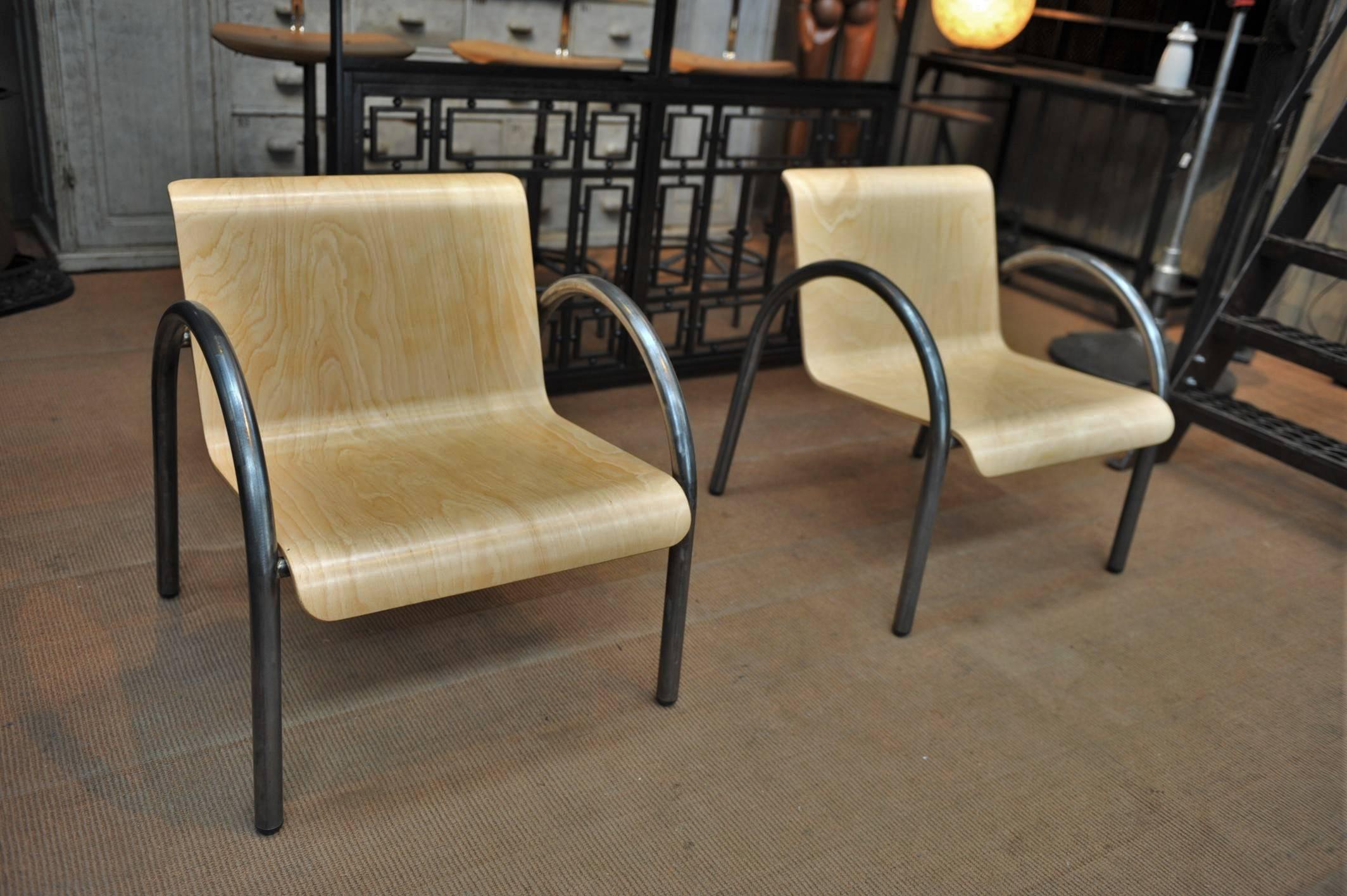 Mid-Century Modern Pair of Mid-Century Metal and Wood Stack-Able Armchairs, 1950 For Sale
