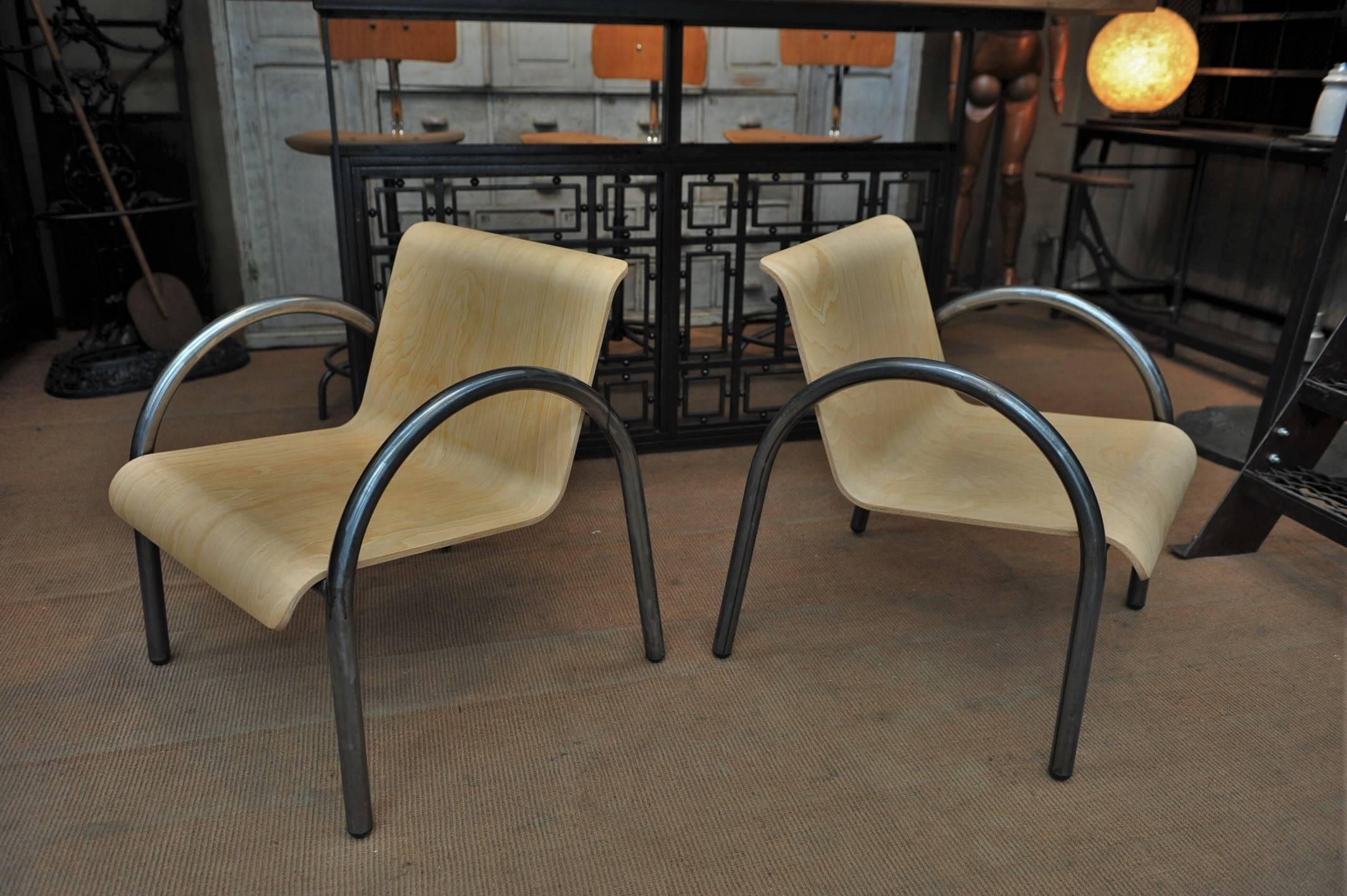 French Pair of Mid-Century Metal and Wood Stack-Able Armchairs, 1950 For Sale