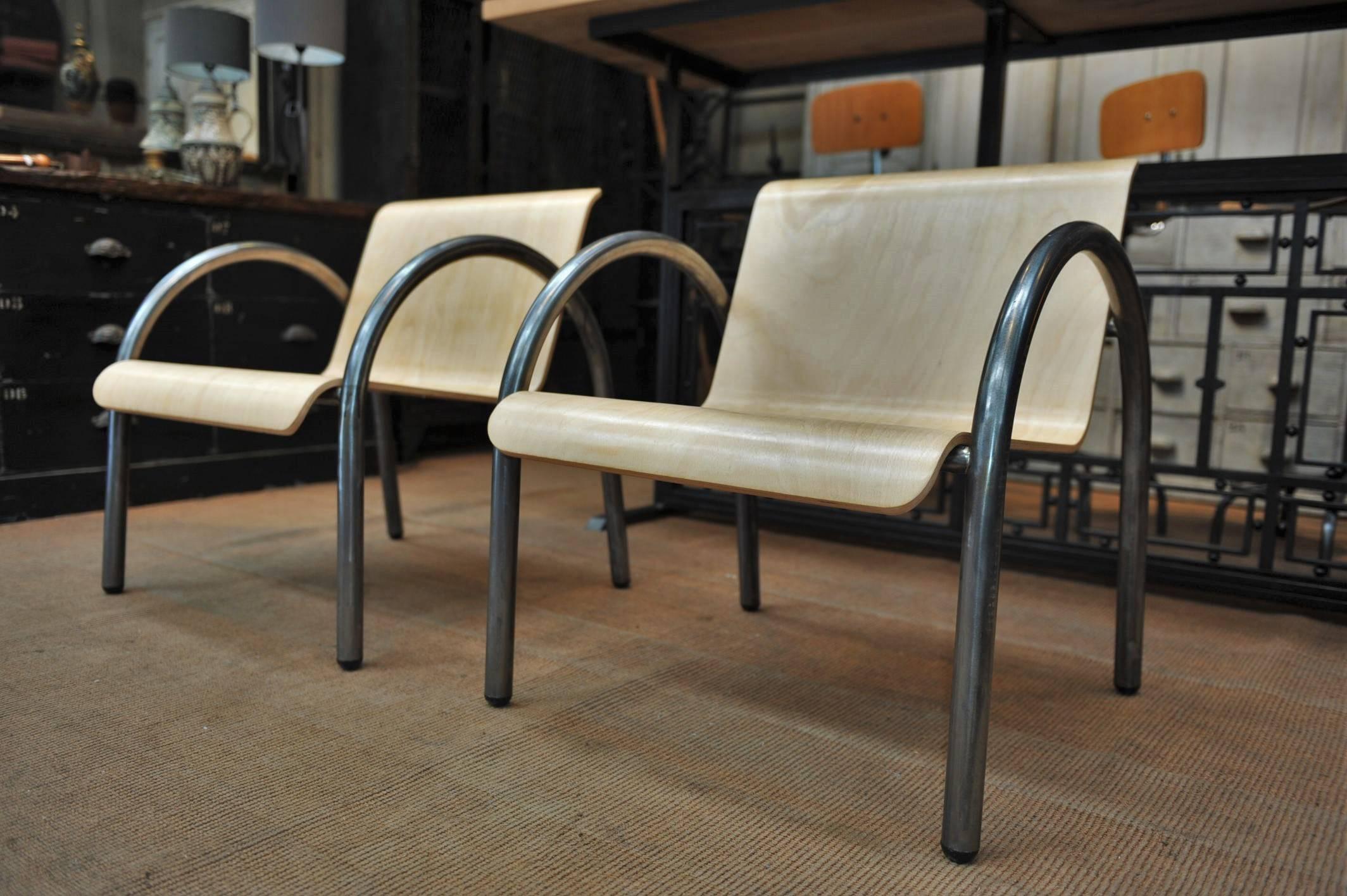 Mid-20th Century Pair of Mid-Century Metal and Wood Stack-Able Armchairs, 1950 For Sale
