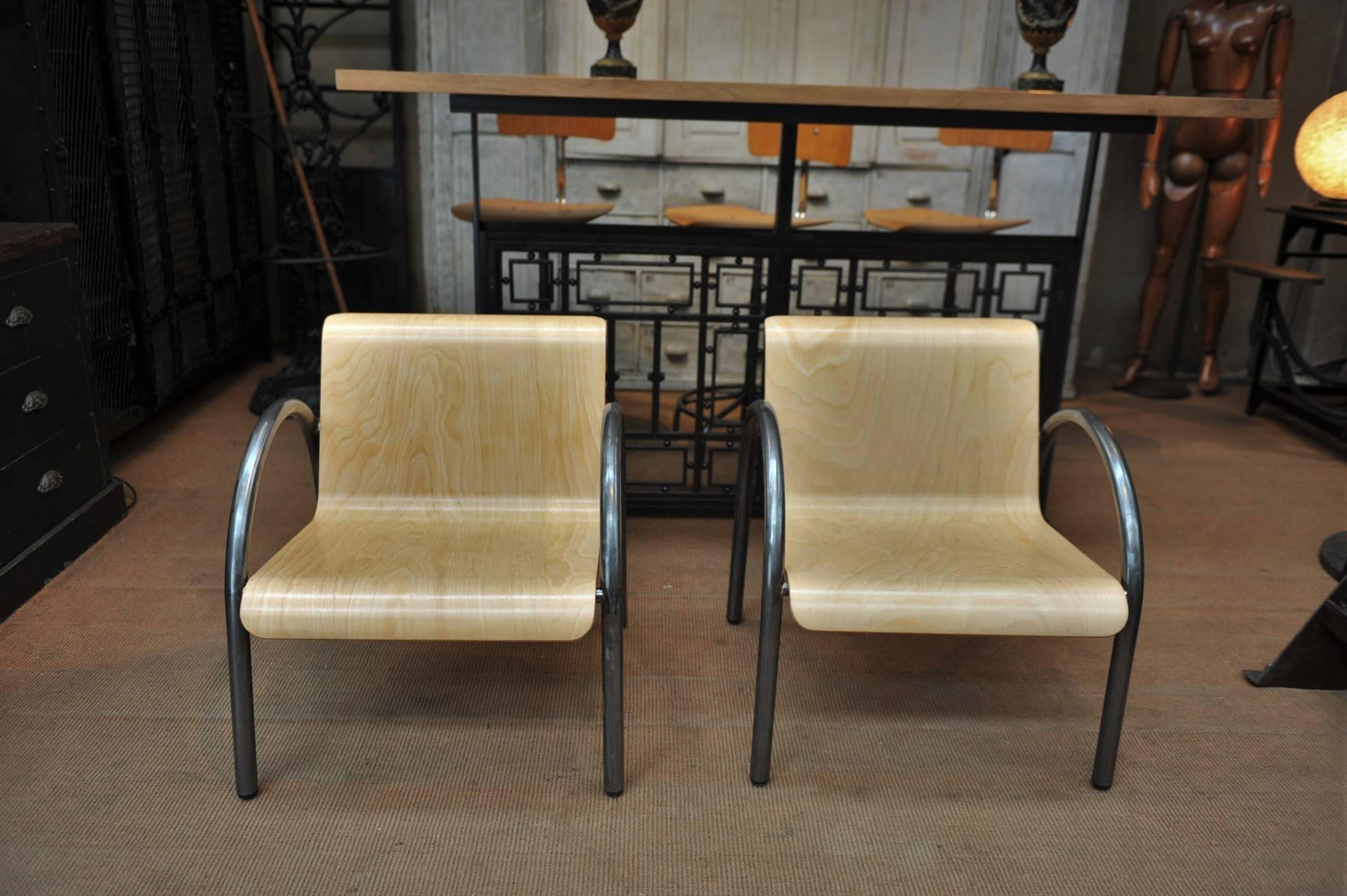 Steel Pair of Mid-Century Metal and Wood Stack-Able Armchairs, 1950 For Sale