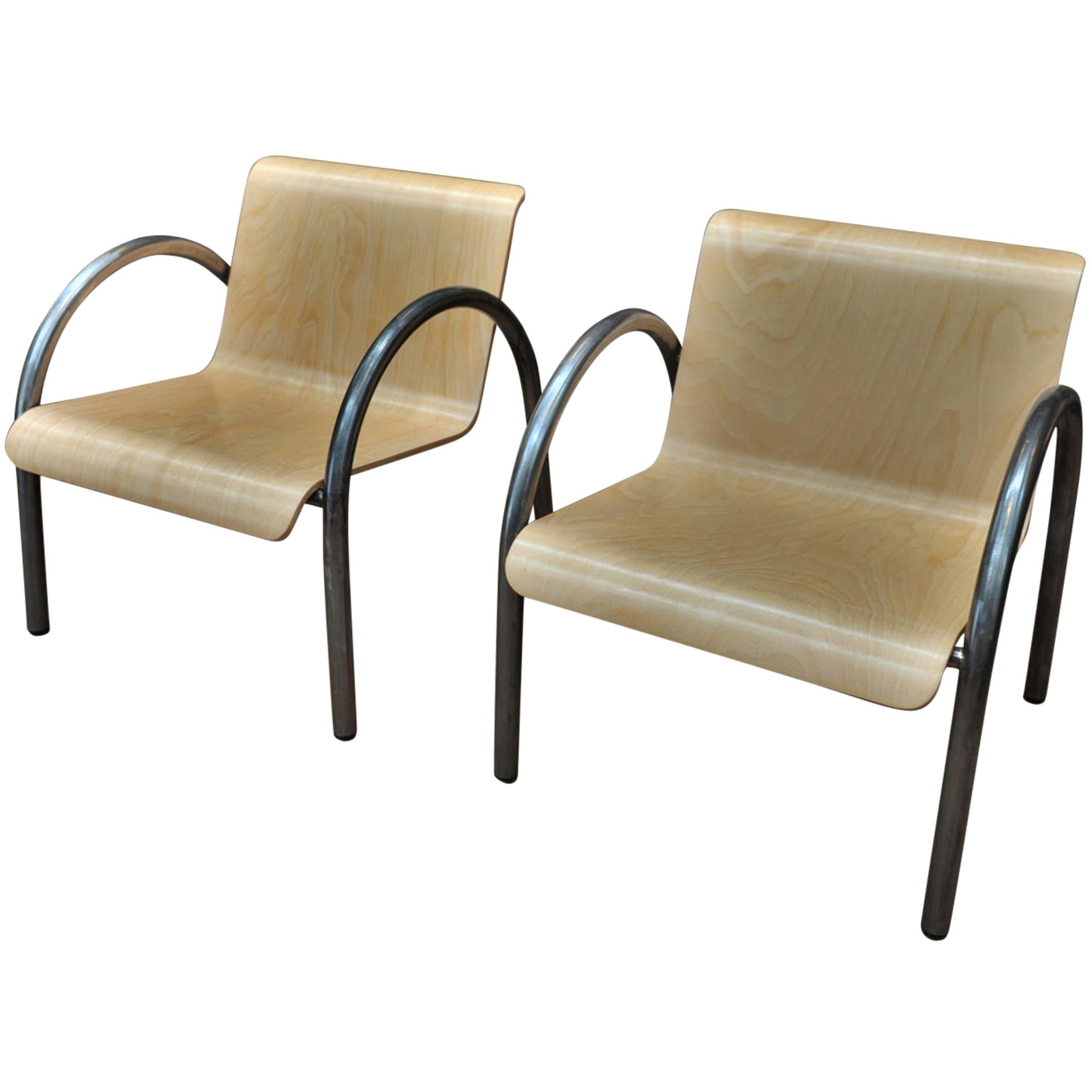 Pair of Mid-Century Metal and Wood Stack-Able Armchairs, 1950 For Sale