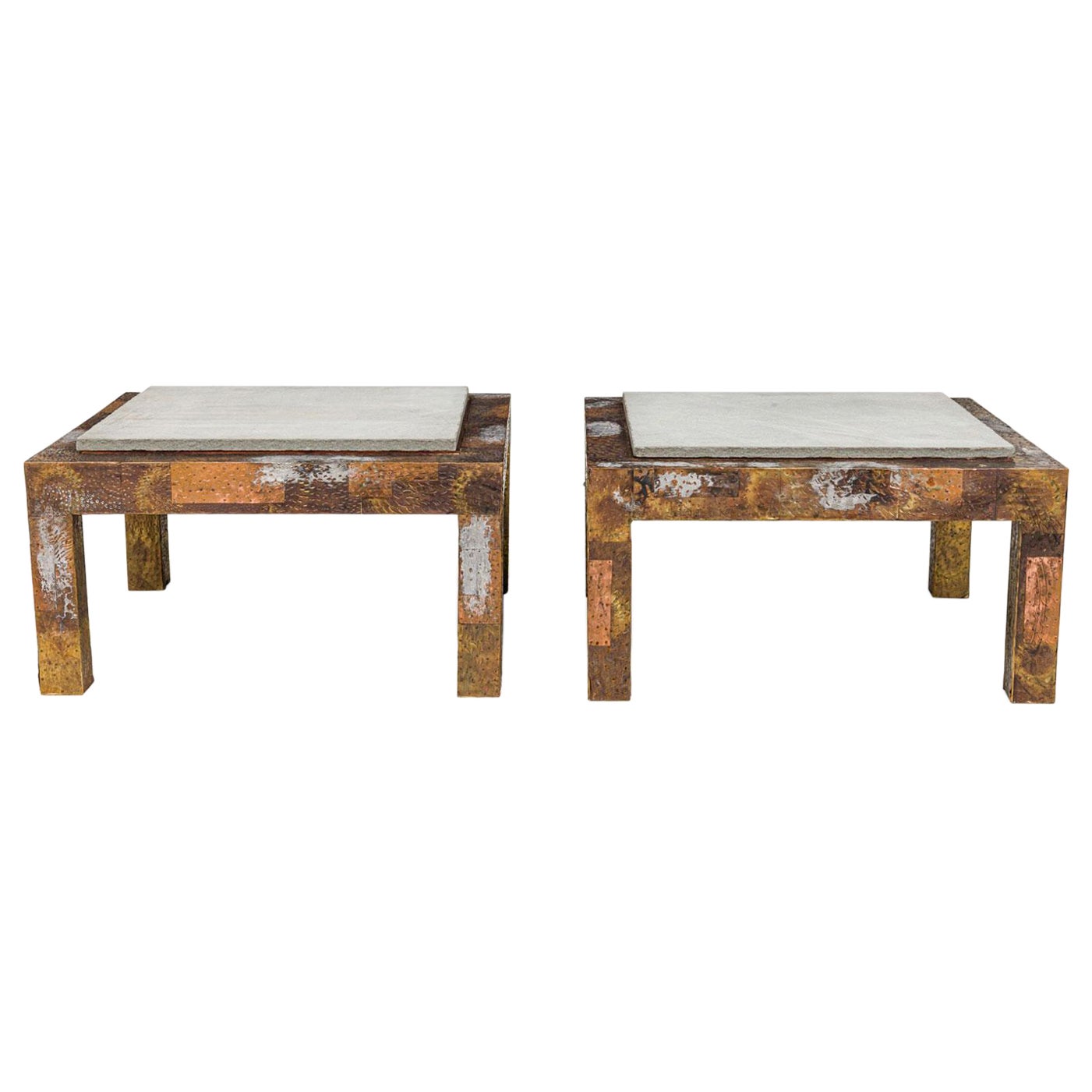 Pair of Mid-Century Metal Clad Slate Top Coffee Tables (manner of Paul Evans) For Sale