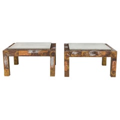 Pair of Mid-Century Metal Clad Slate Top Coffee Tables (manner of Paul Evans)