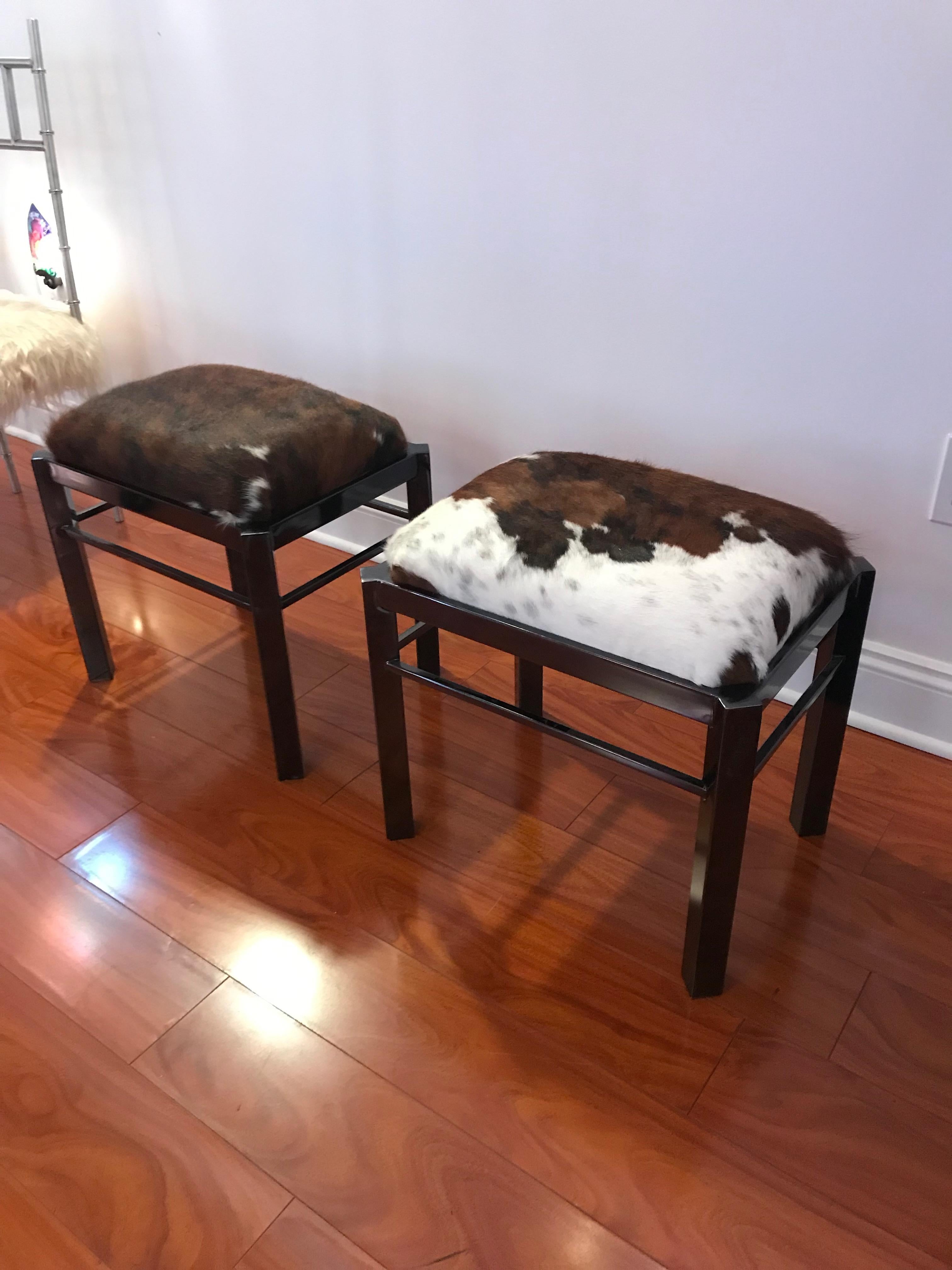 Mid-Century Modern Pair of Midcentury Metal Cow Hide Benches or Ottomans