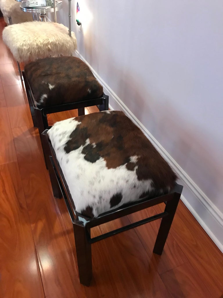 Late 20th Century Pair of Midcentury Metal Cow Hide Benches or Ottomans