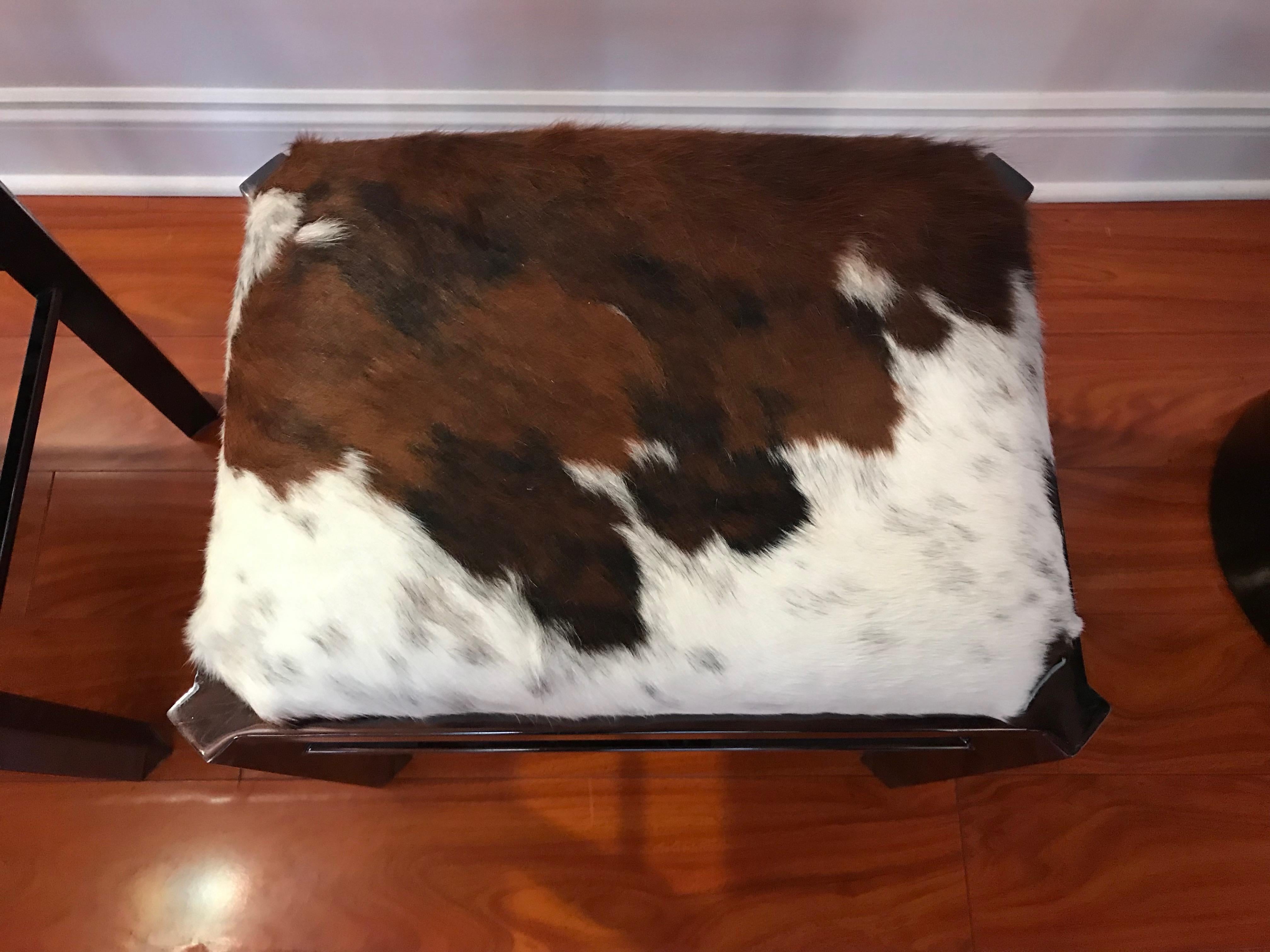 Late 20th Century Pair of Midcentury Metal Cow Hide Benches or Ottomans