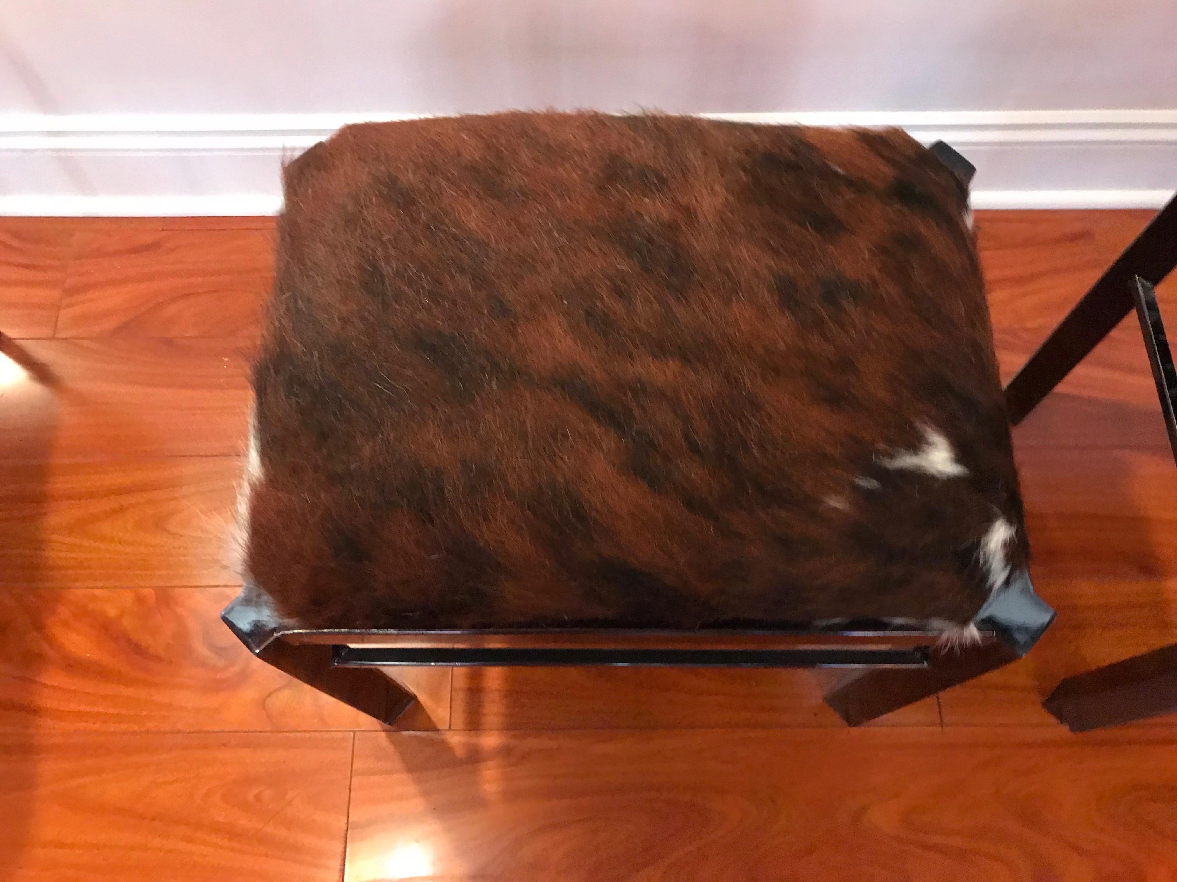 Cowhide Pair of Midcentury Metal Cow Hide Benches or Ottomans