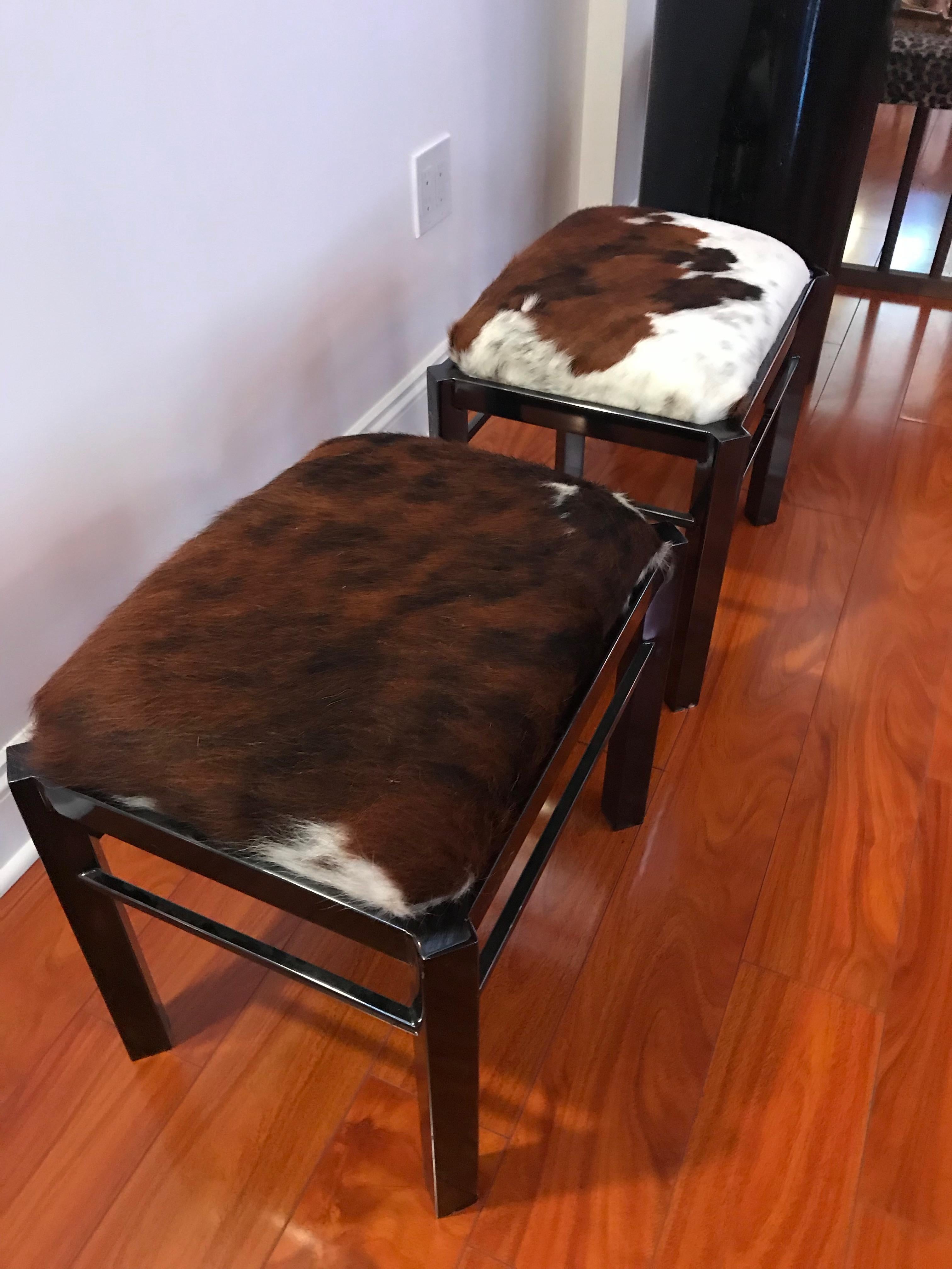 Pair of Midcentury Metal Cow Hide Benches or Ottomans 2