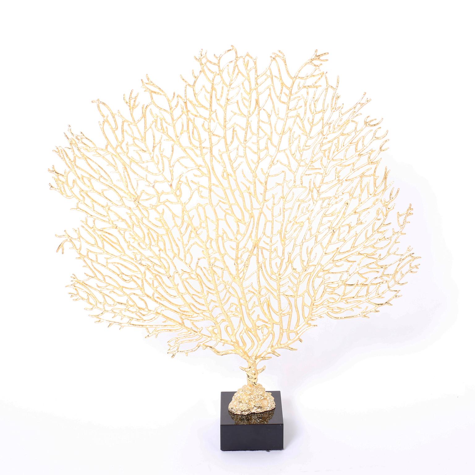 Dramatic pair of midcentury cast metal sea fans with their iconic form finished in gold leaf and presented on black glass bases.