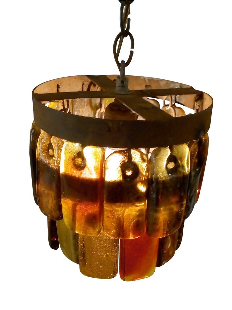 Pair of Mid Century Mexican Pendant Lights Iron and Blown Glass by