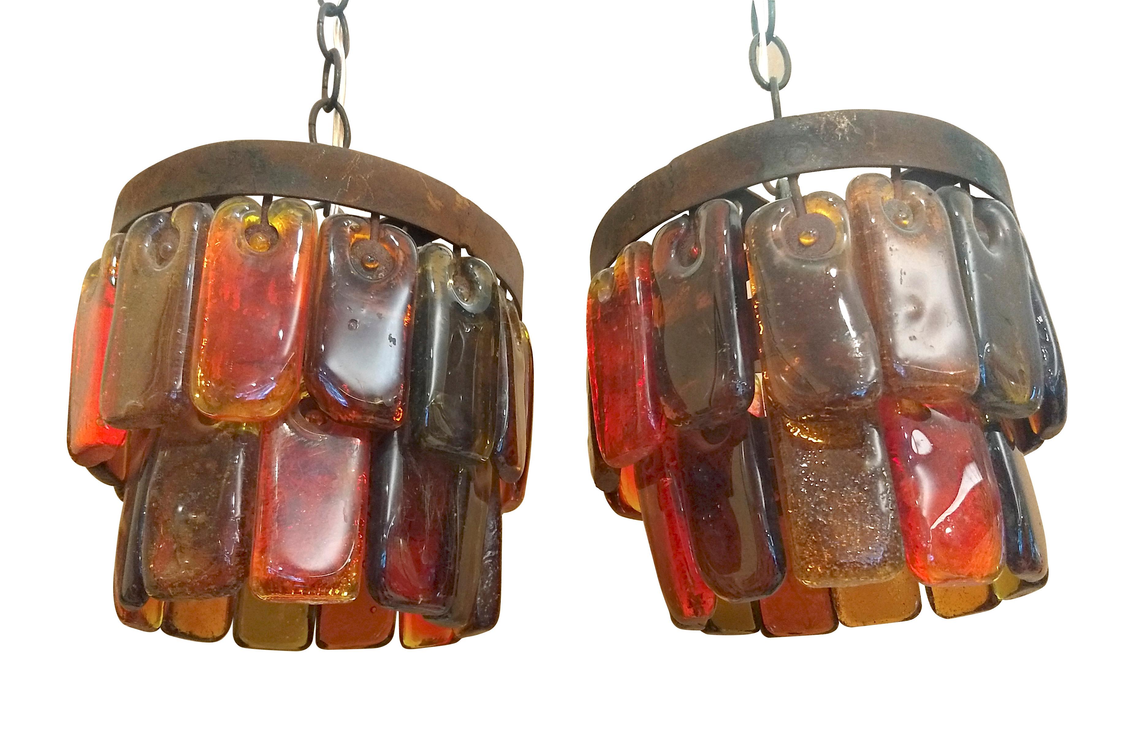 Brutalist Pair of Mid Century Mexican Pendant Lights Iron and Blown Glass by Feders 