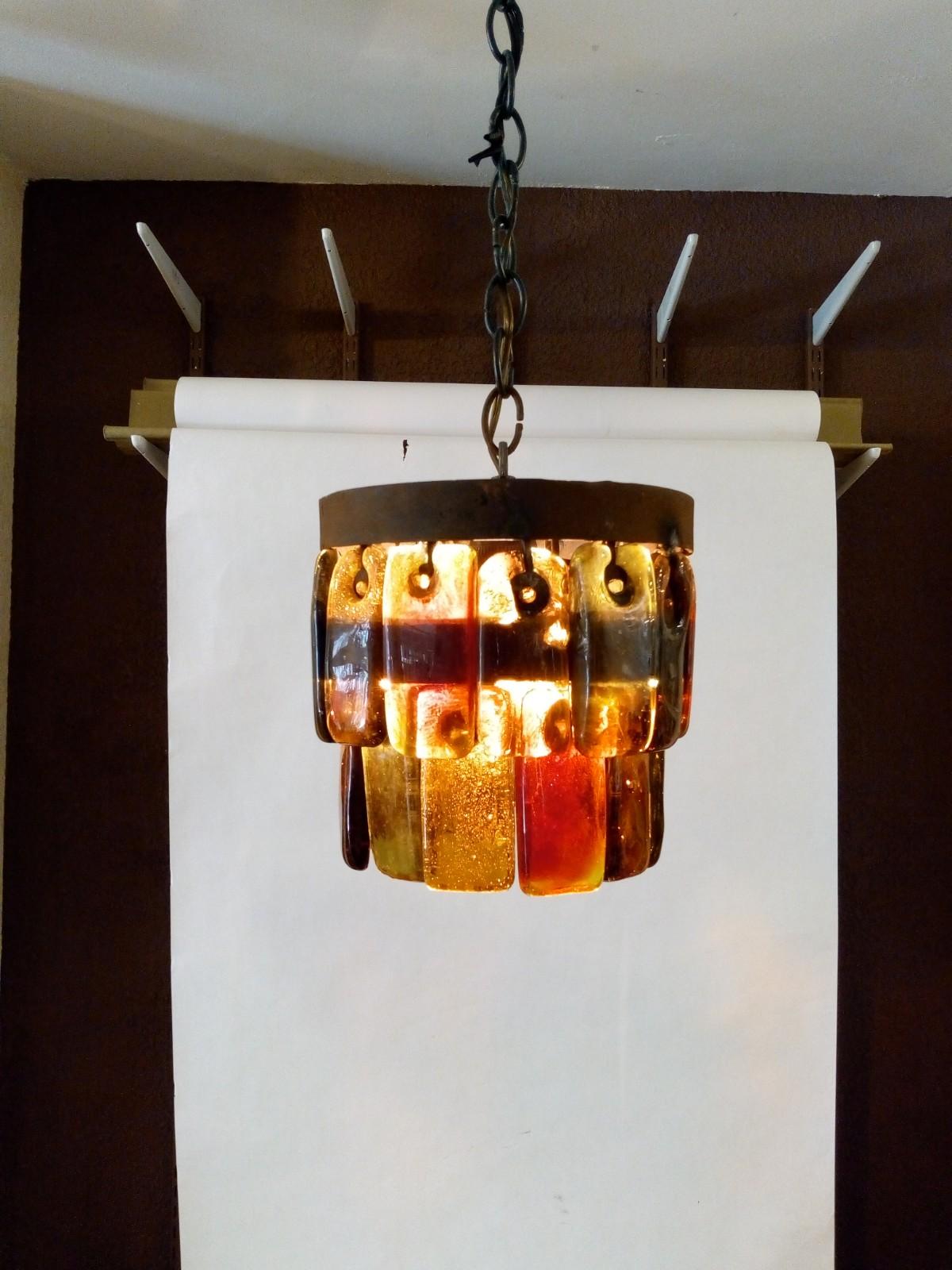 Mid-20th Century Pair of Mid Century Mexican Pendant Lights Iron and Blown Glass by Feders 