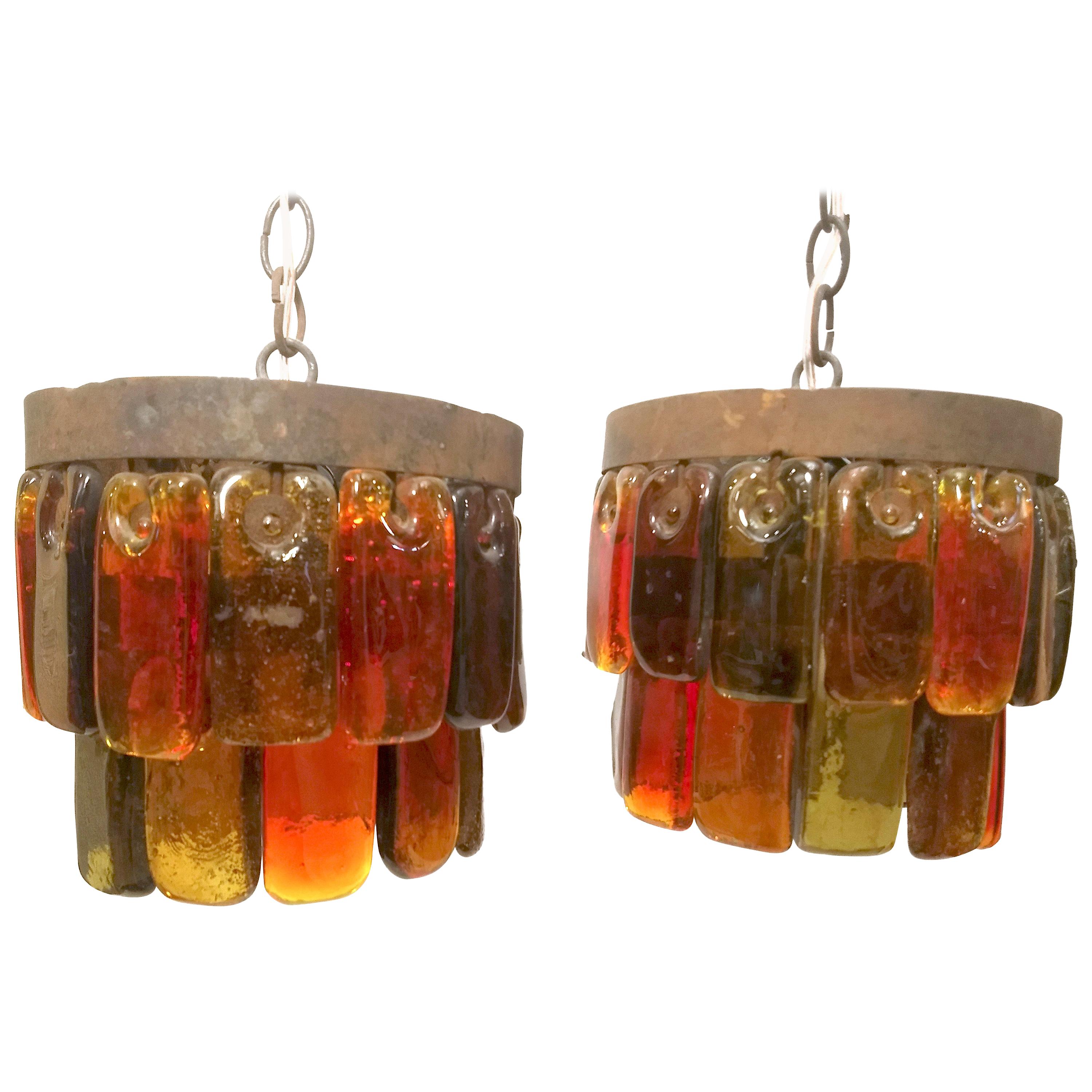 Pair of Mid Century Mexican Pendant Lights Iron and Blown Glass by Feders 