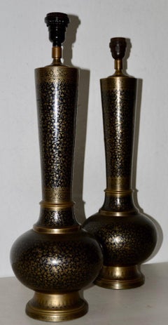 Pair of Middle Eastern Brass and Enamel Inlay Table Lamps circa 1950s
