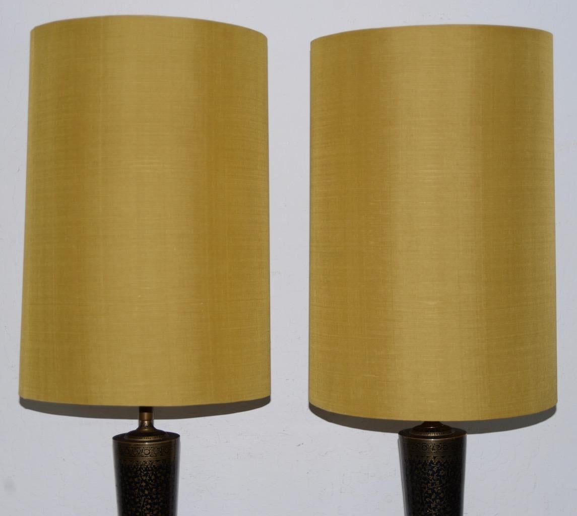 American Pair of Middle Eastern Brass and Enamel Inlay Table Lamps circa 1950s