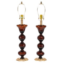 Pair of Mid Century Midnight Amber Table Lamps in the Style of Barovier 
Toso