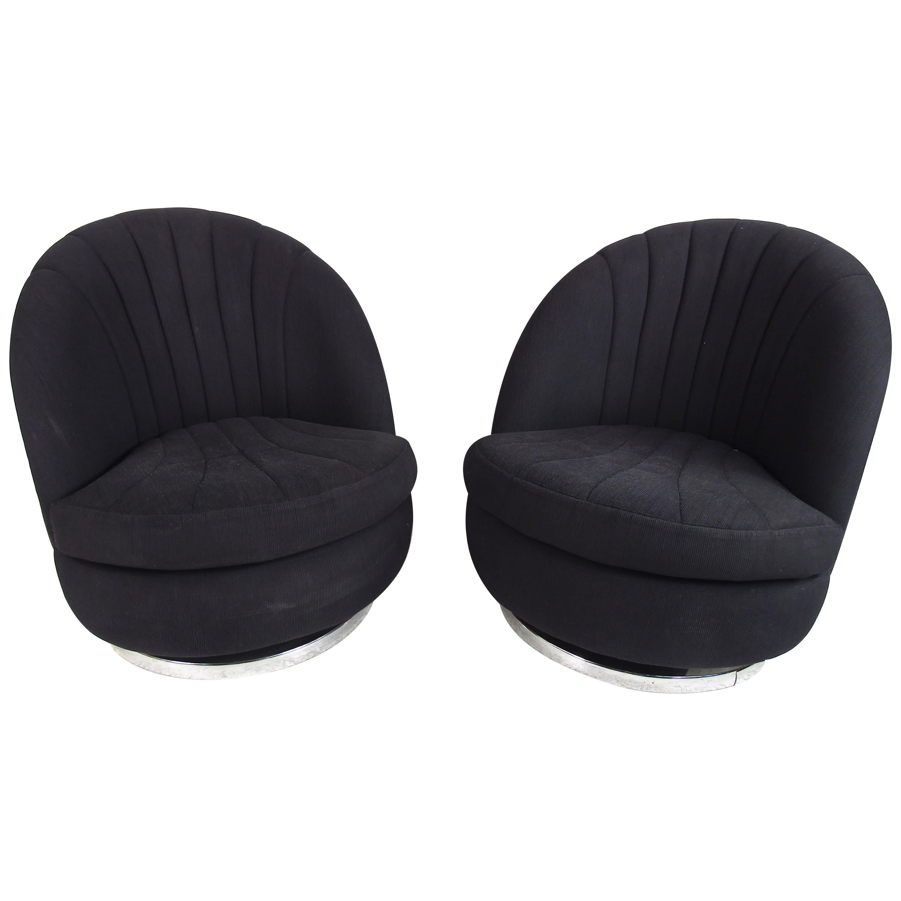 Pair of Midcentury Milo Baughman Clam Shell Swivel Lounge Chairs