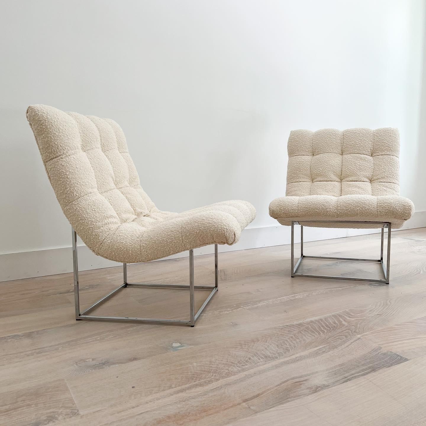 Pair of Mid-Century Modern scoop chairs on thin chrome bases by Milo Baughman for Thayer Coggin. New foam and cream boucle tufted upholstery set these chairs off nicely! The chrome is in great condition with minimal wear.
