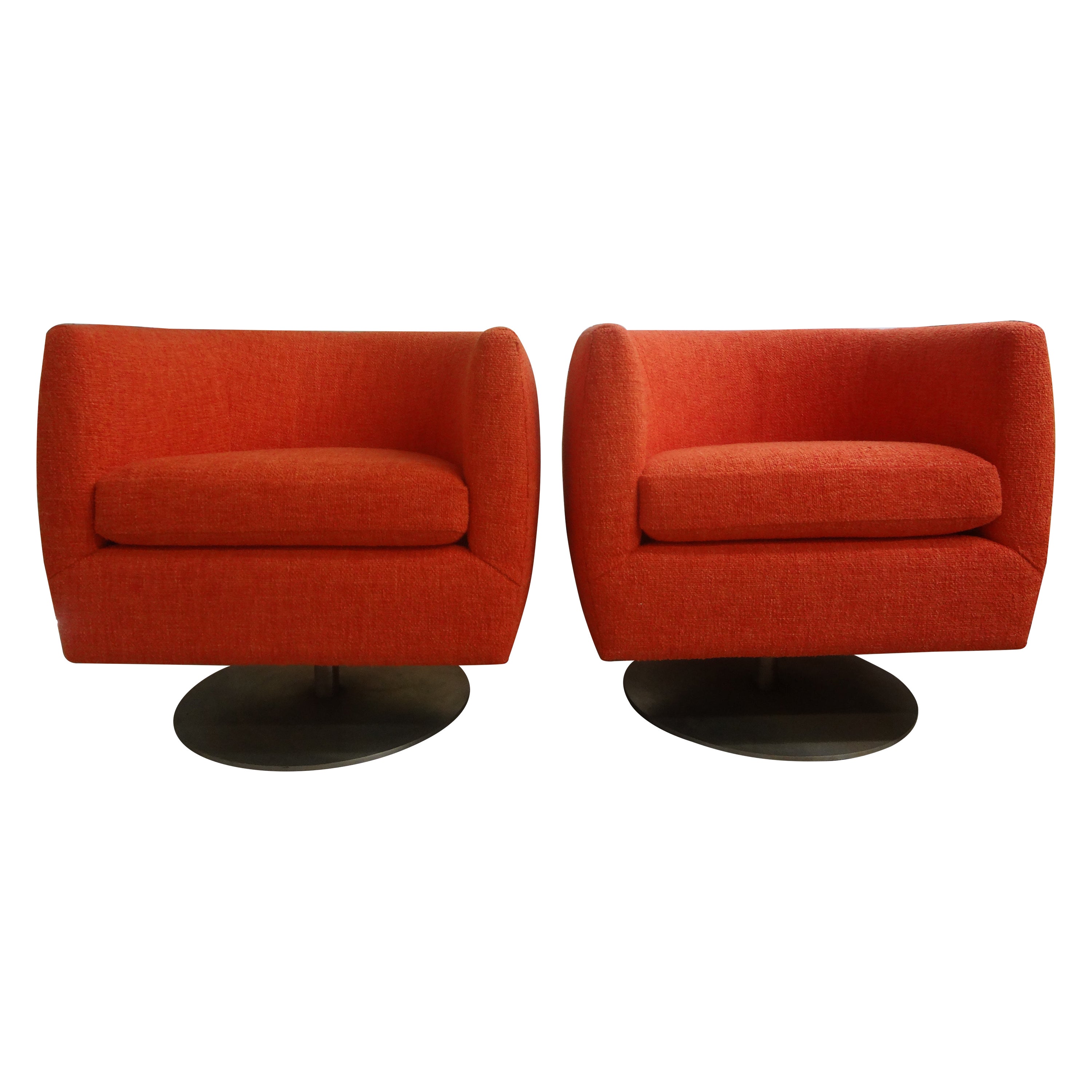 Pair of Mid-Century Milo Baughman Style Barrel Back Swivel Chairs