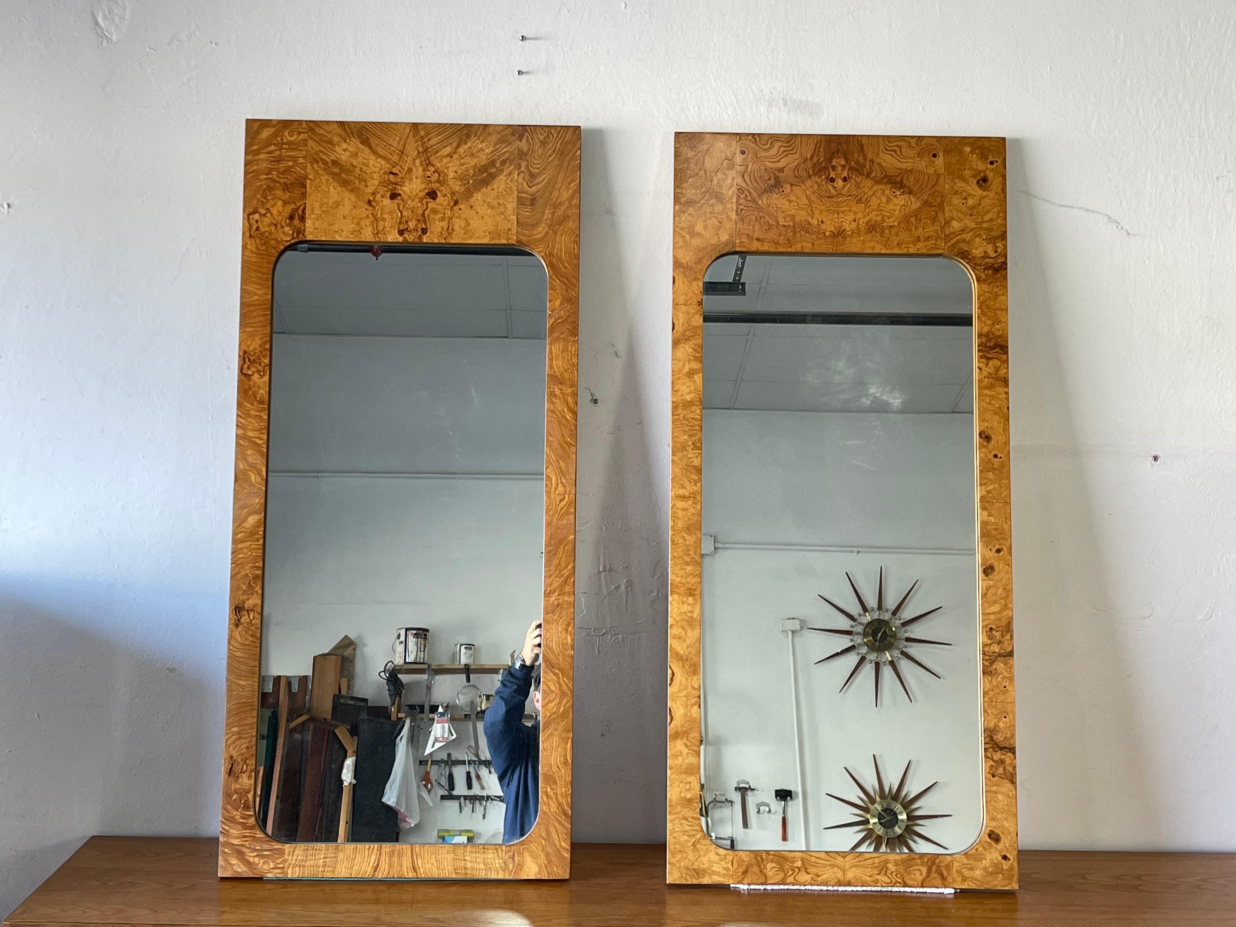 Pair of vintage Roland carter for Lane midcentury burl wood rectangular mirrors. Beautiful Burl wood grain, with clean modernist lines

Last picture shows the rest of the l set.

Dimensions

Height: 47 in.

Width: 21.25 in.

Depth: 1