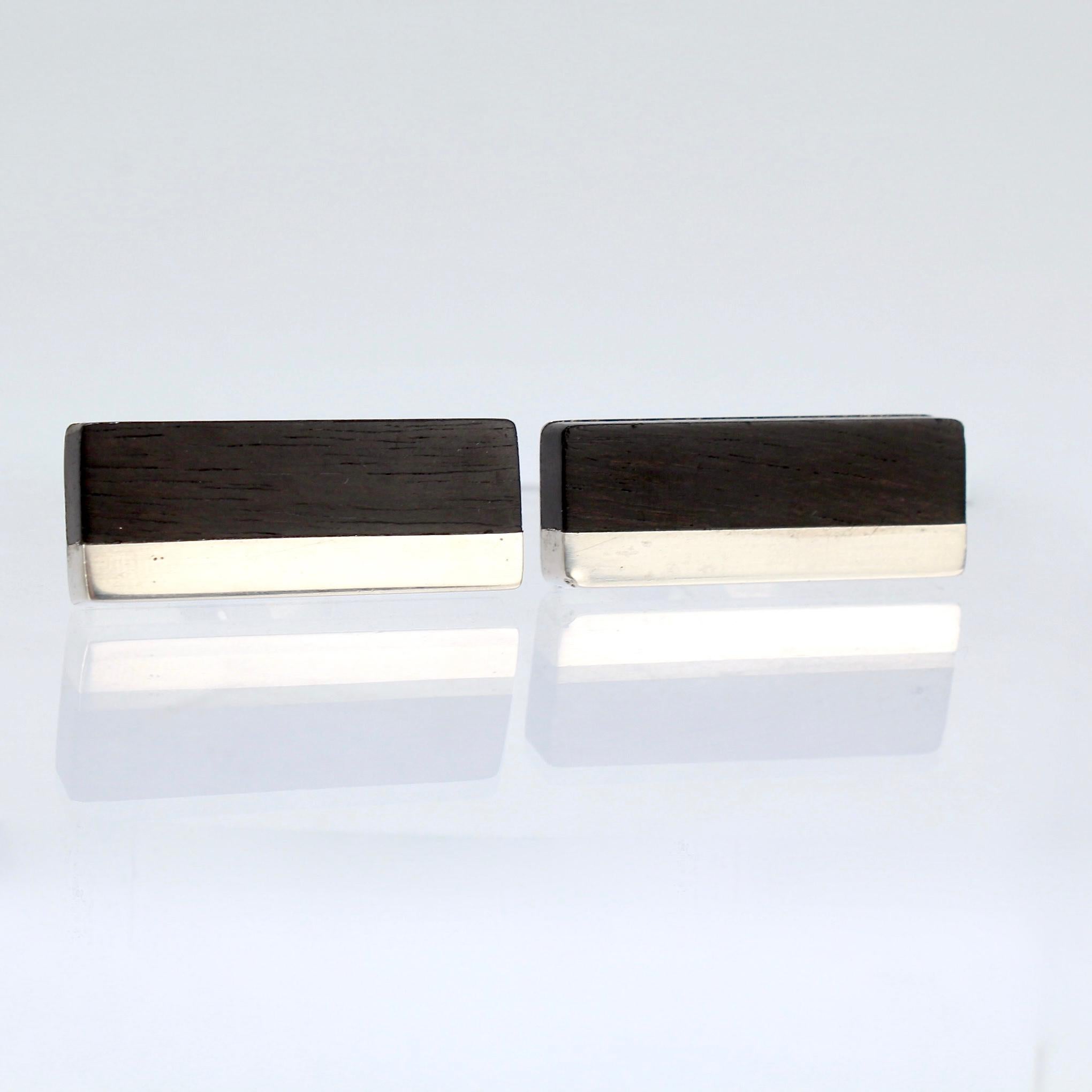 Pair of Mid-Century Modern Milton Cavagnaro Modernist Sterling & Wood Cufflinks In Good Condition For Sale In Philadelphia, PA