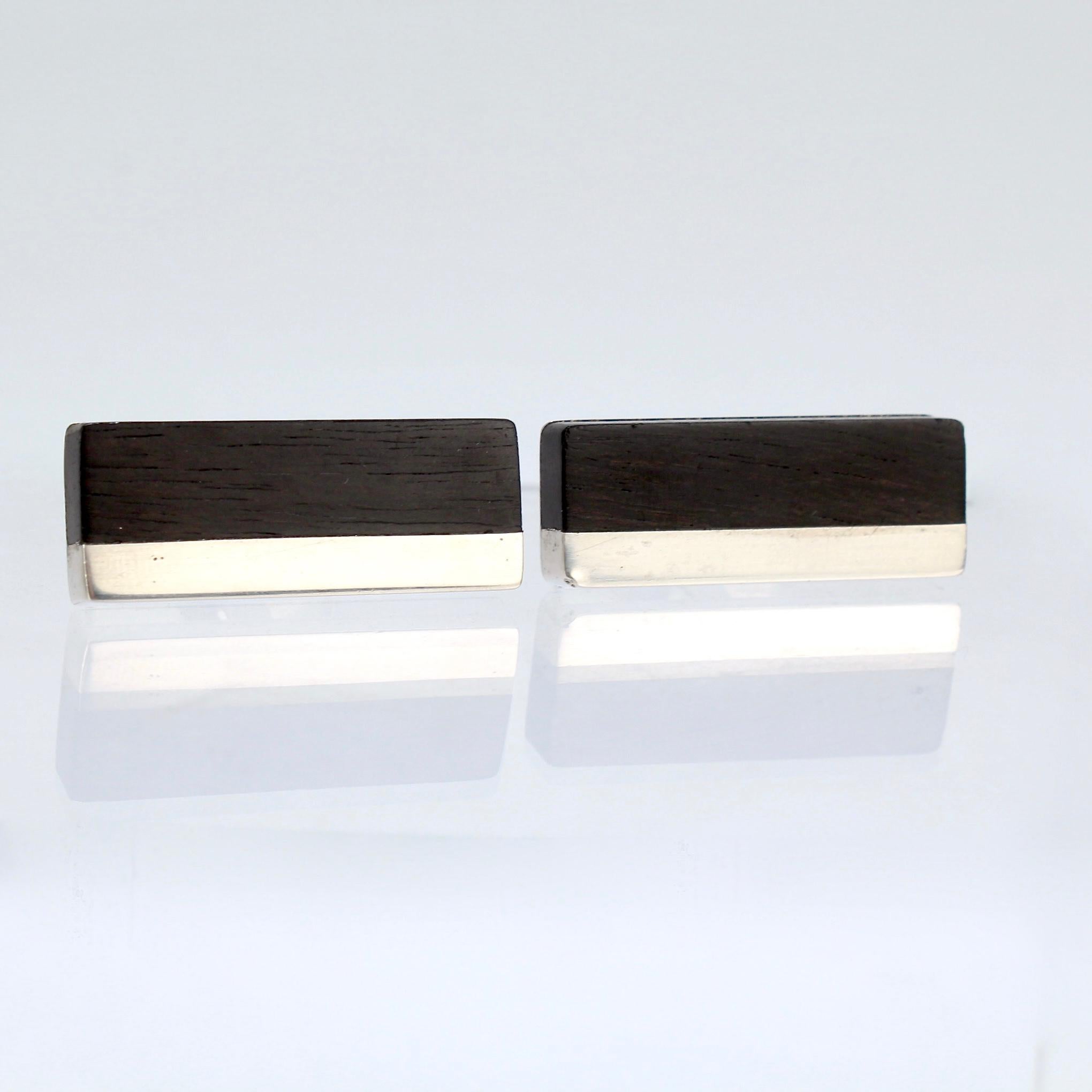 Men's Pair of Mid-Century Modern Milton Cavagnaro Modernist Sterling & Wood Cufflinks For Sale