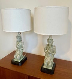 Pair of Mid Century Thai Celadon Ceramic "Thepphanom" Kneeling Deity Lamps