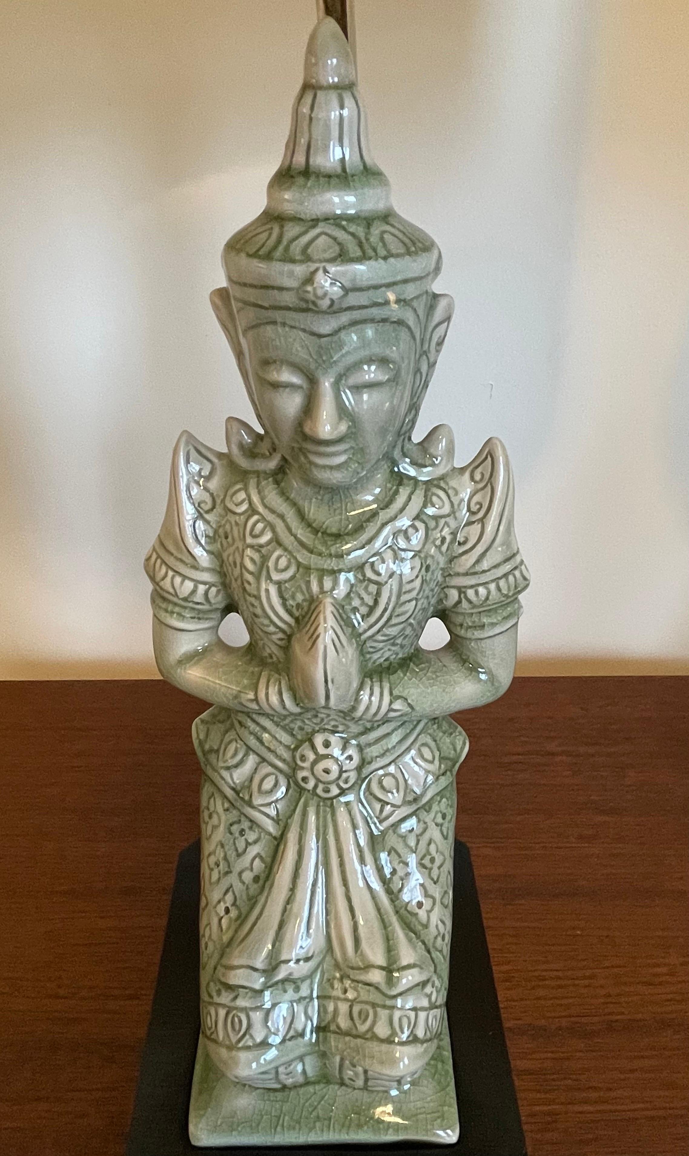 Pair of Mid-Century Mint Green Porcelain Seated Buddha Table Lamps on Black Base In Good Condition For Sale In Bedford Hills, NY