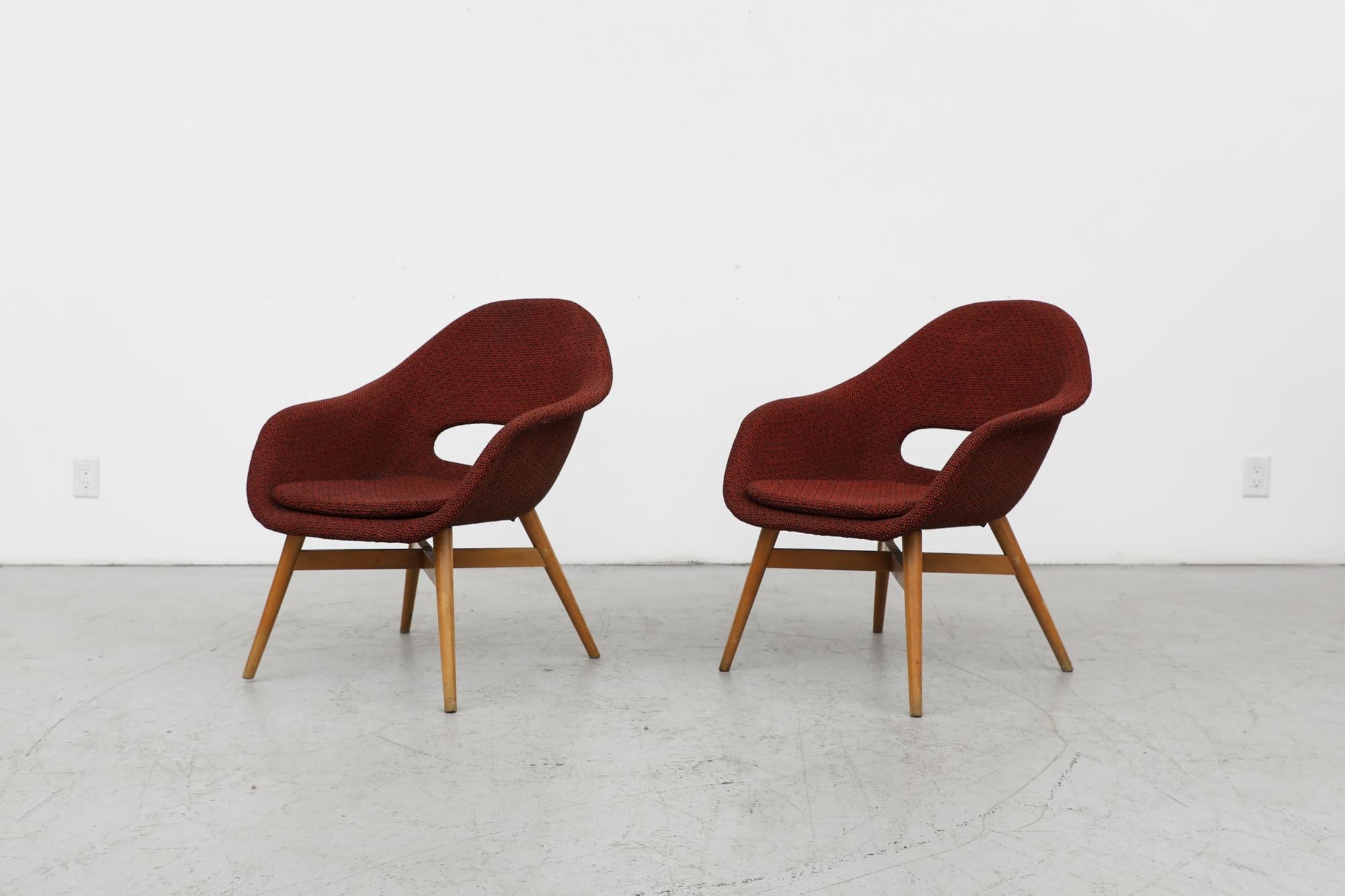 Mid Century, nubby Red upholstered bucket chairs by Czech designer Miroslav Navrátil for Vertex. In original condition with birch frames and visible wear both the frame and the seating. Similar styles and color ways also available and listed