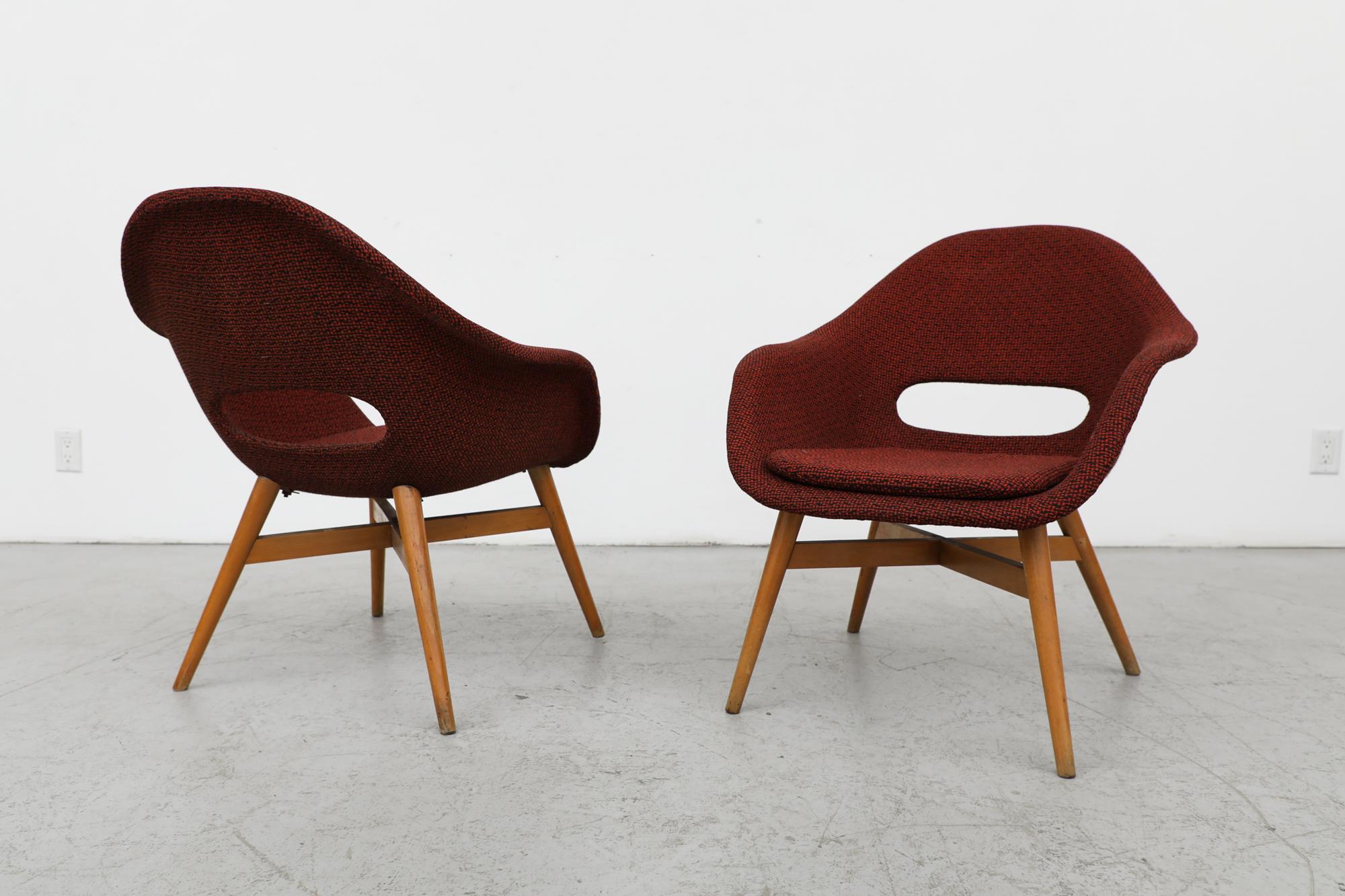 Czech Pair of Miroslav Navrátil Bucket Lounge Chairs for Vertex in Red w/ Birch Frames For Sale