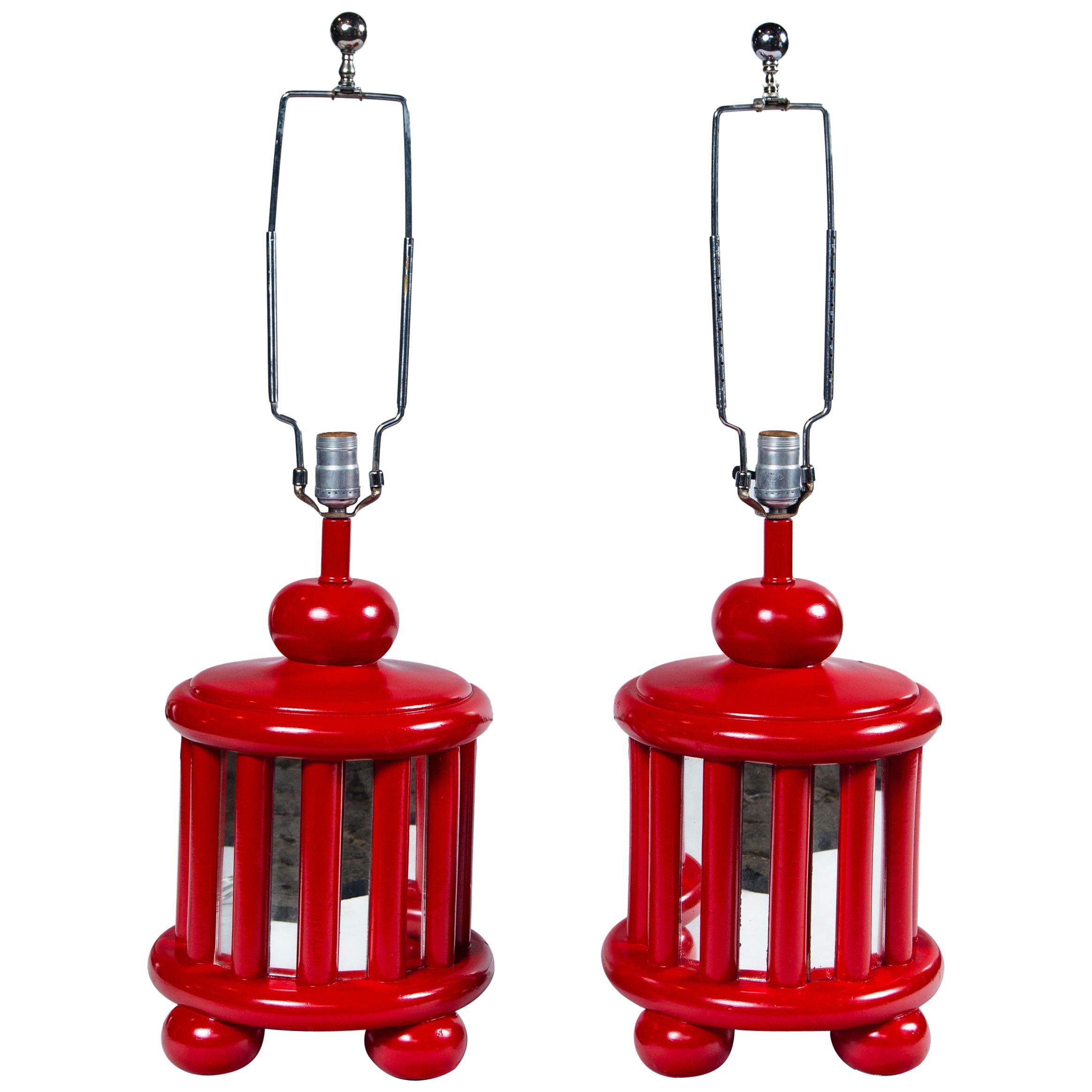 Pair of Midcentury Mirrored Red Lamps For Sale