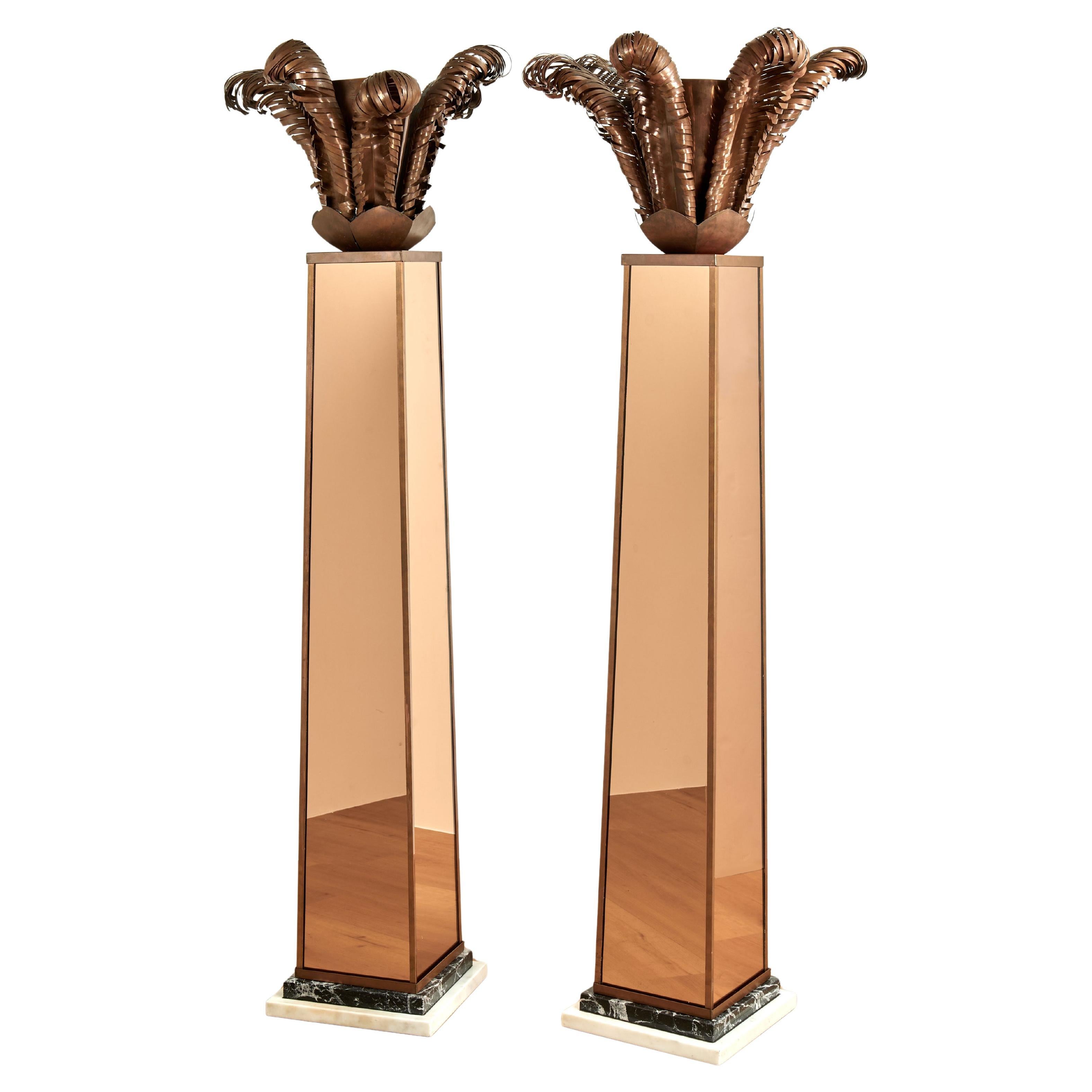 Pair of Mid Century Mirrored Torchiere Floor Lamps with Palm Leaves For Sale