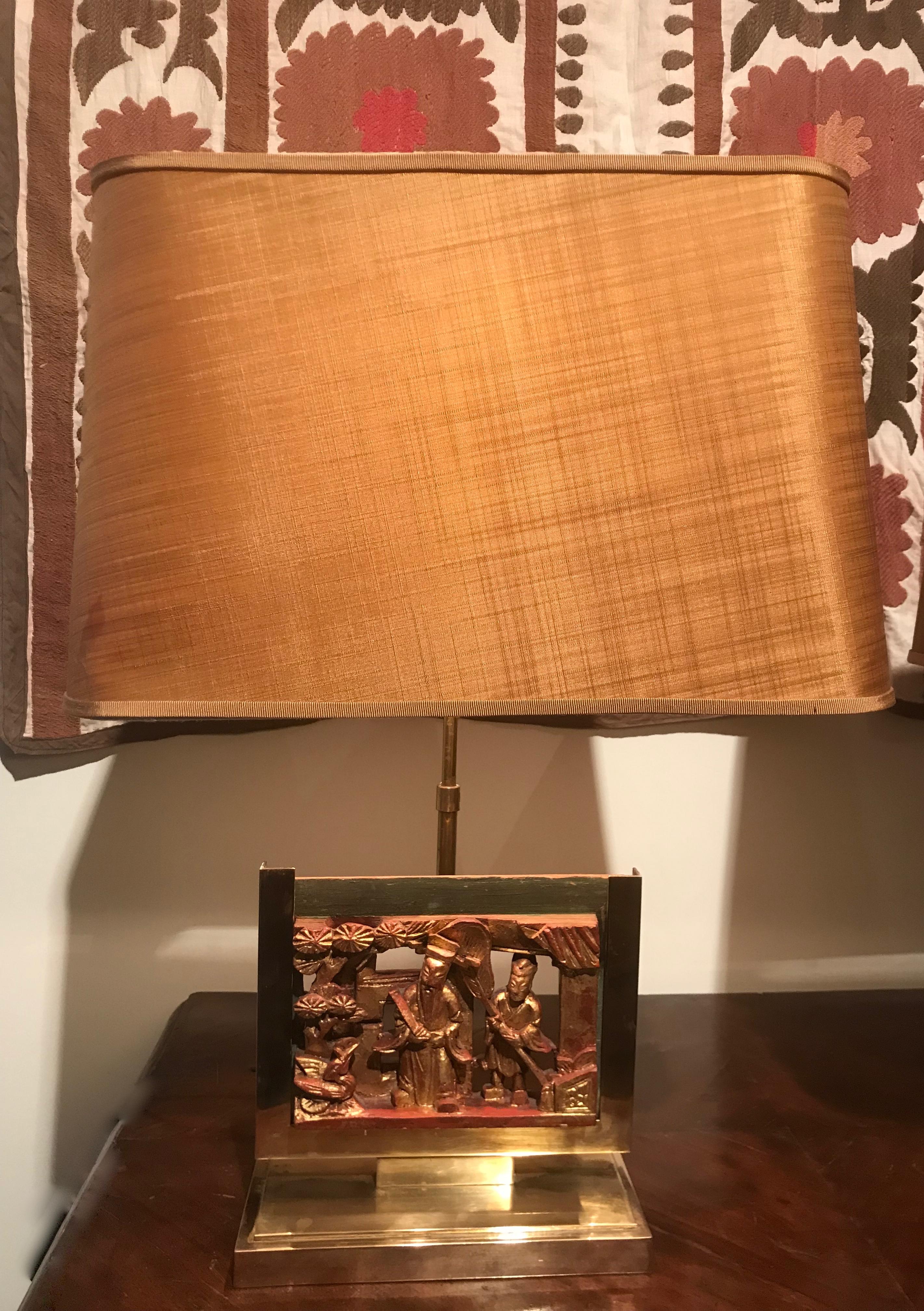 Mid-Century Modern Pair of Midcentury Mod Brass Lamps with 19th Century Chinese Carved Wood Panels