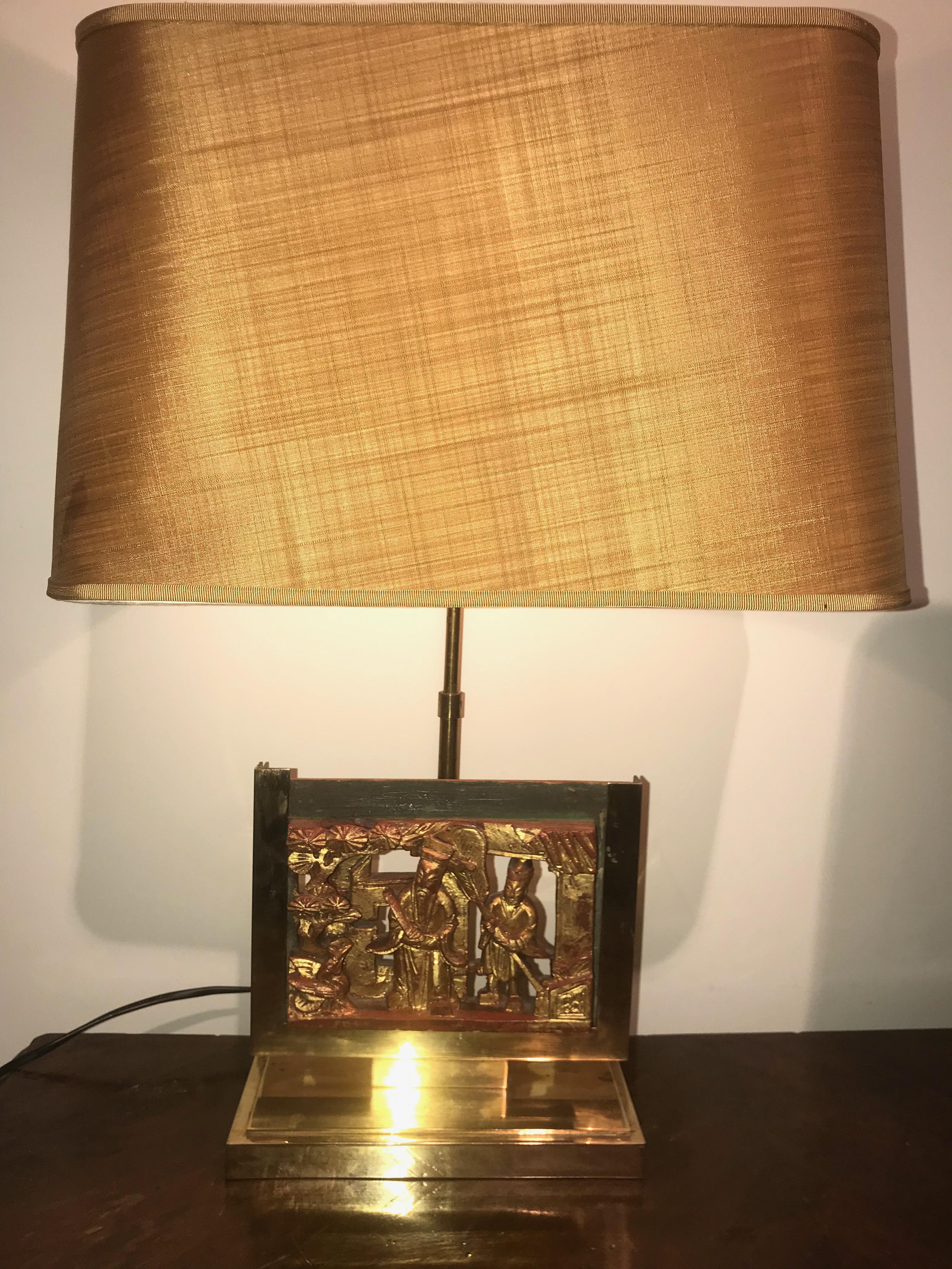 Hand-Carved Pair of Midcentury Mod Brass Lamps with 19th Century Chinese Carved Wood Panels
