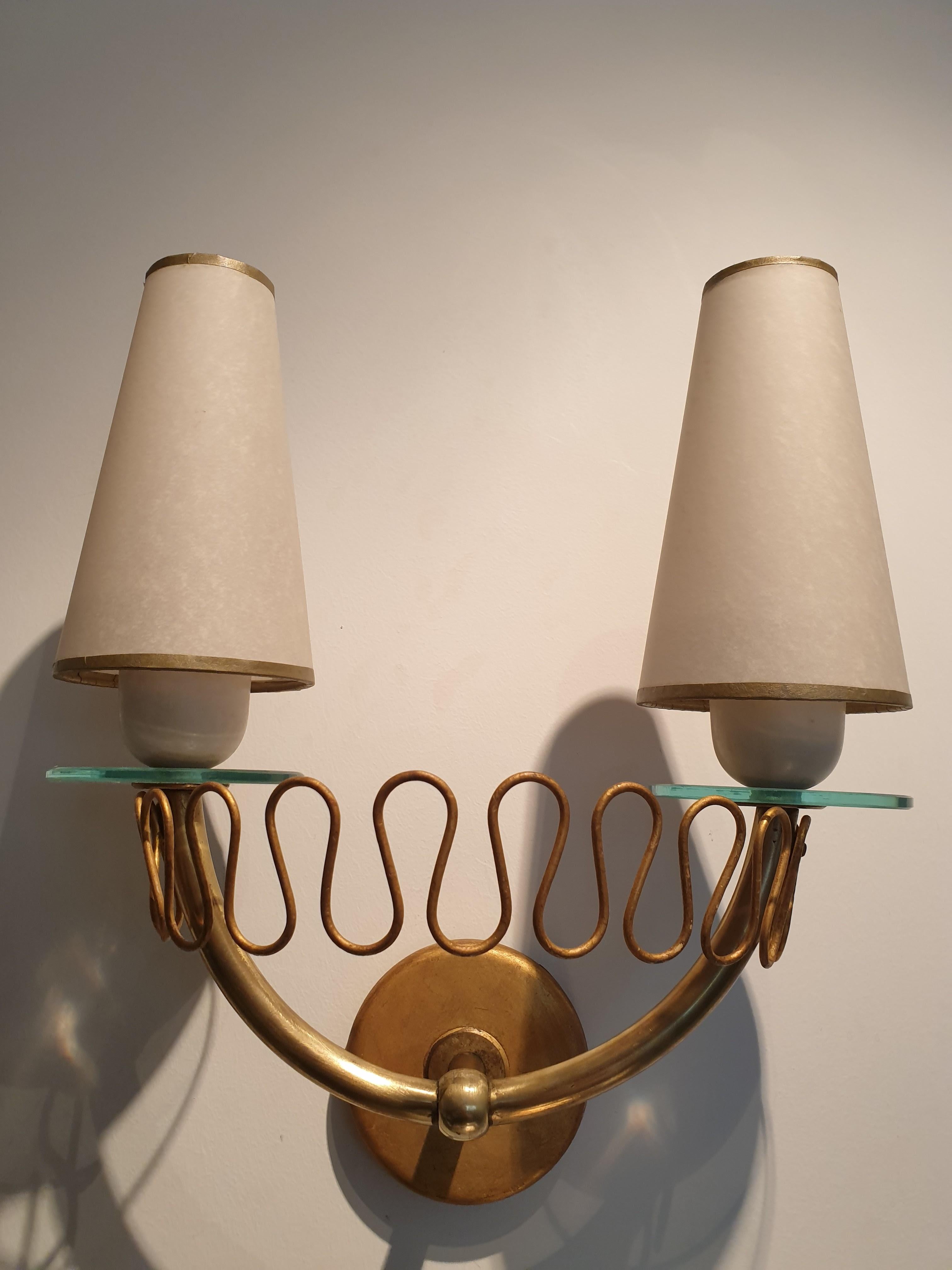 Pair of brass and glass wallights with bespoke shades. Attributed to Osvaldo Borsani.